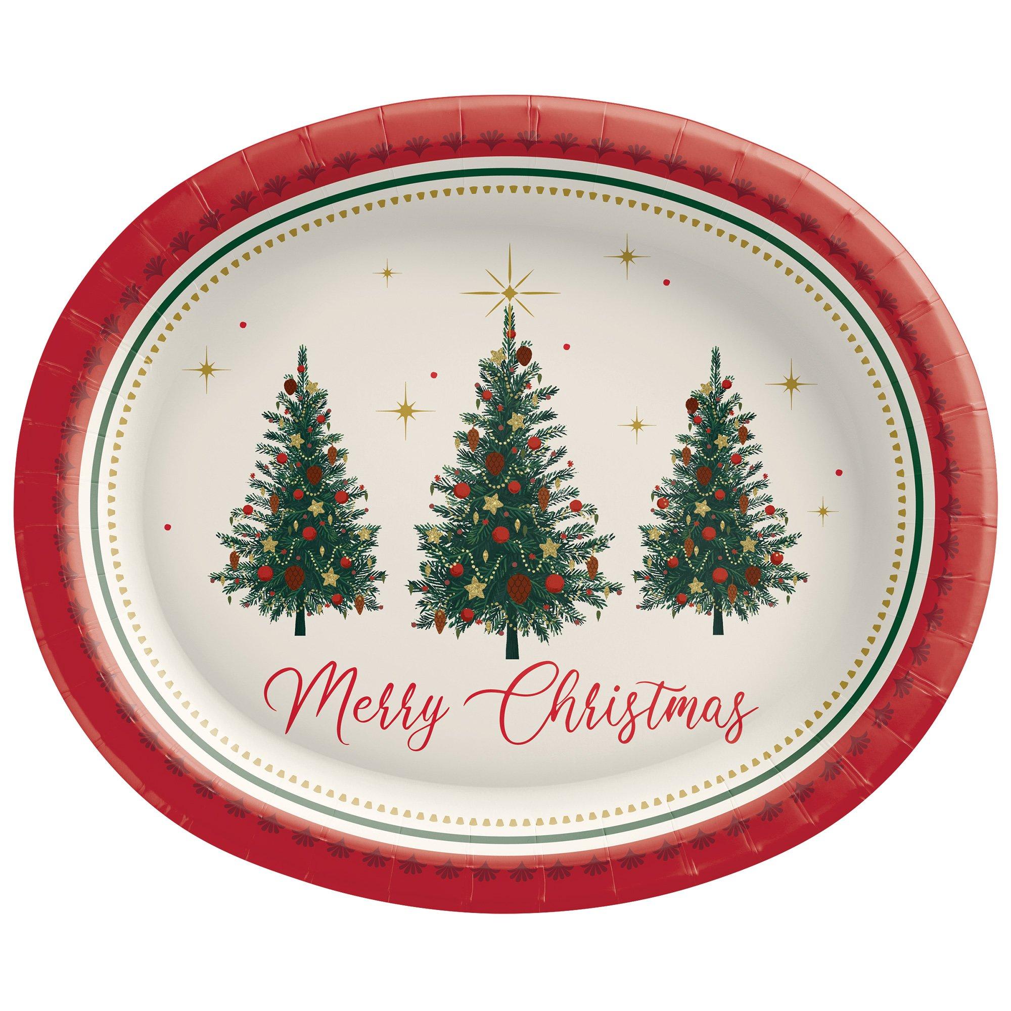 Merry Christmas Oval Paper Dinner Plates, 12in x 10in, 8ct - Elegant Evergreen