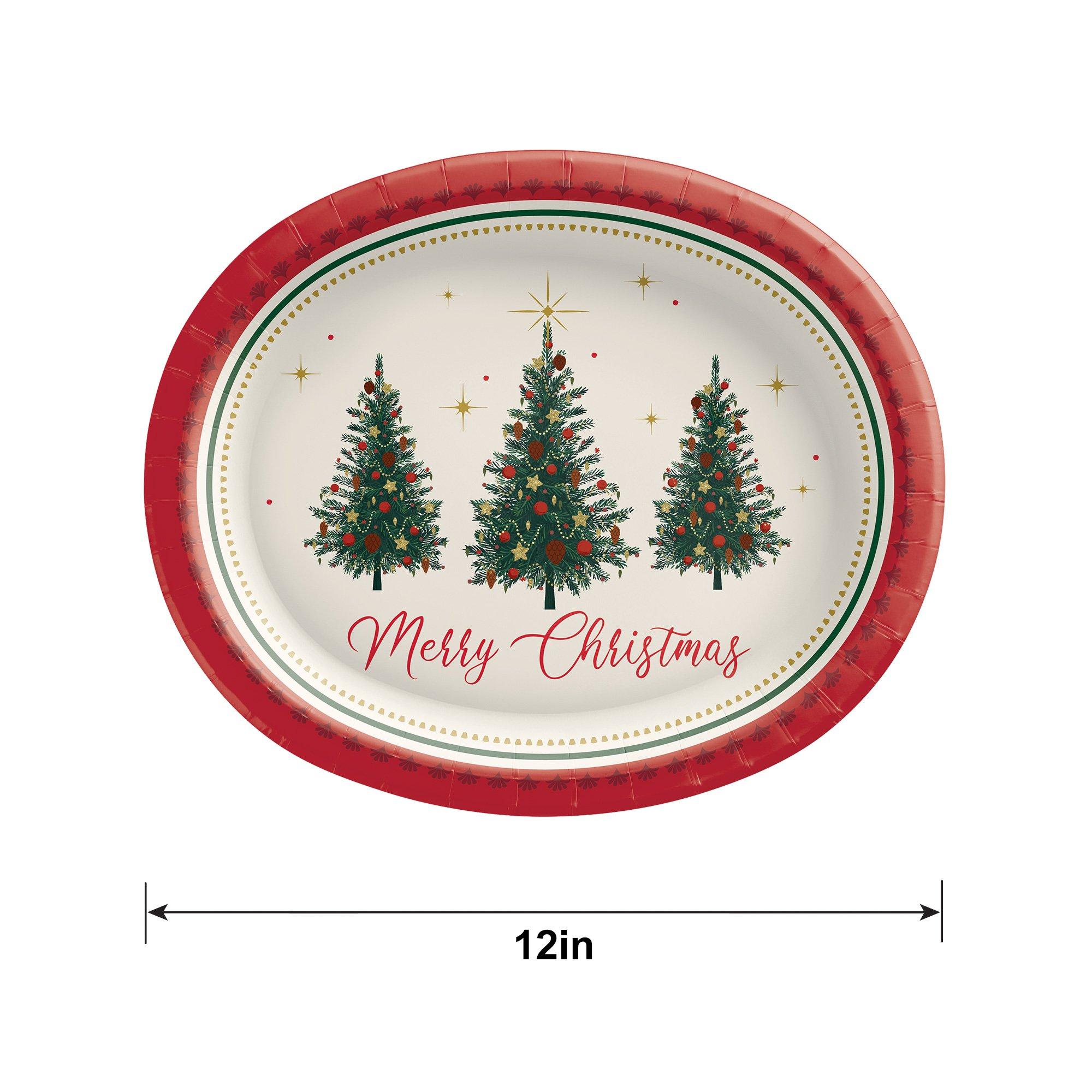 Merry Christmas Oval Paper Dinner Plates, 12in x 10in, 8ct - Elegant Evergreen