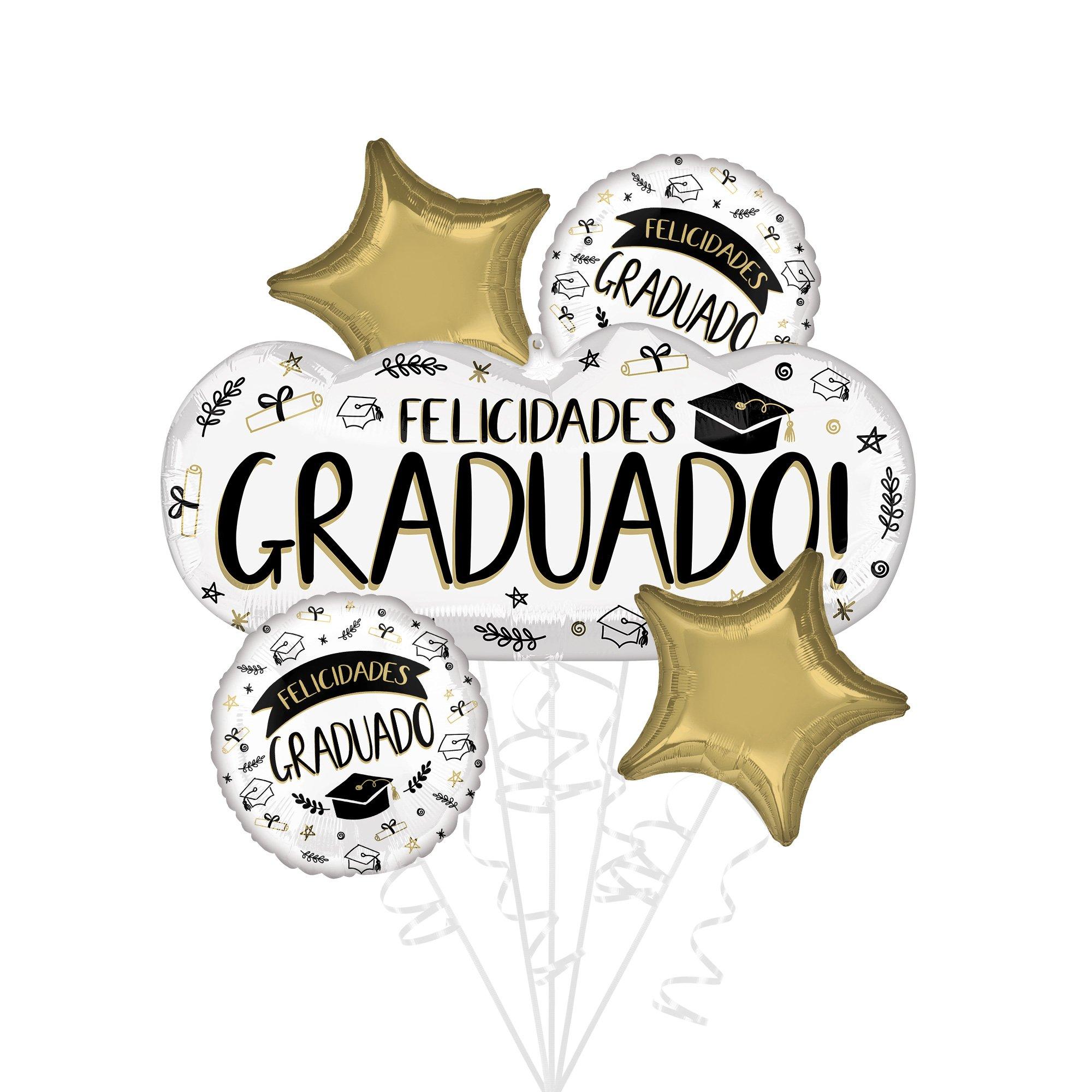 Gold Felicidades Graduado Foil Balloon Bouquet, 5pc - Sketched Impressions