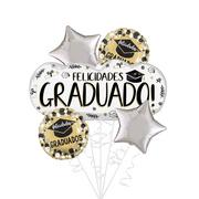 Silver Felicidades Graduado Foil Balloon Bouquet, 5pc - Sketched Impressions
