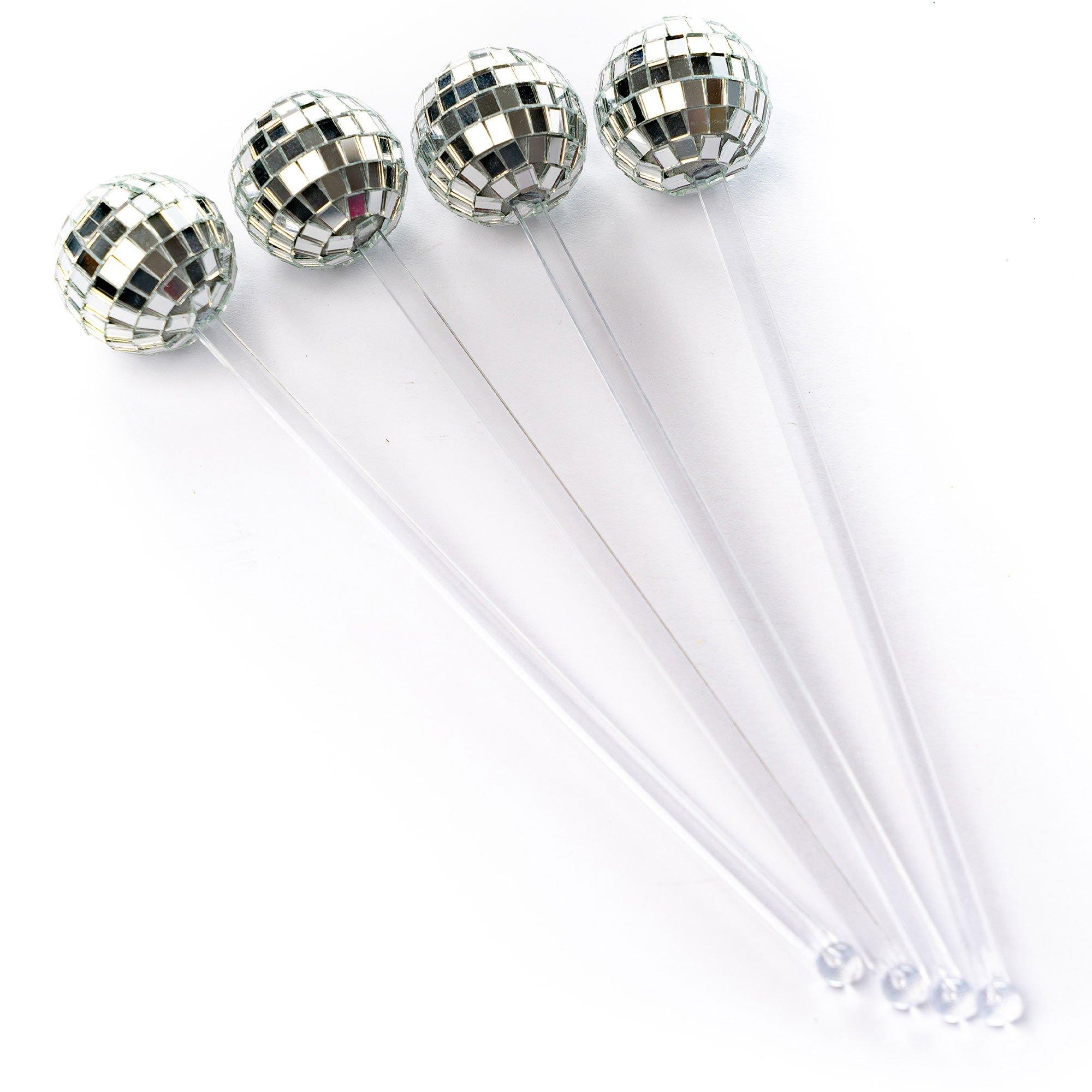 Disco Ball Glass & Plastic Drink Stirrers, 4ct