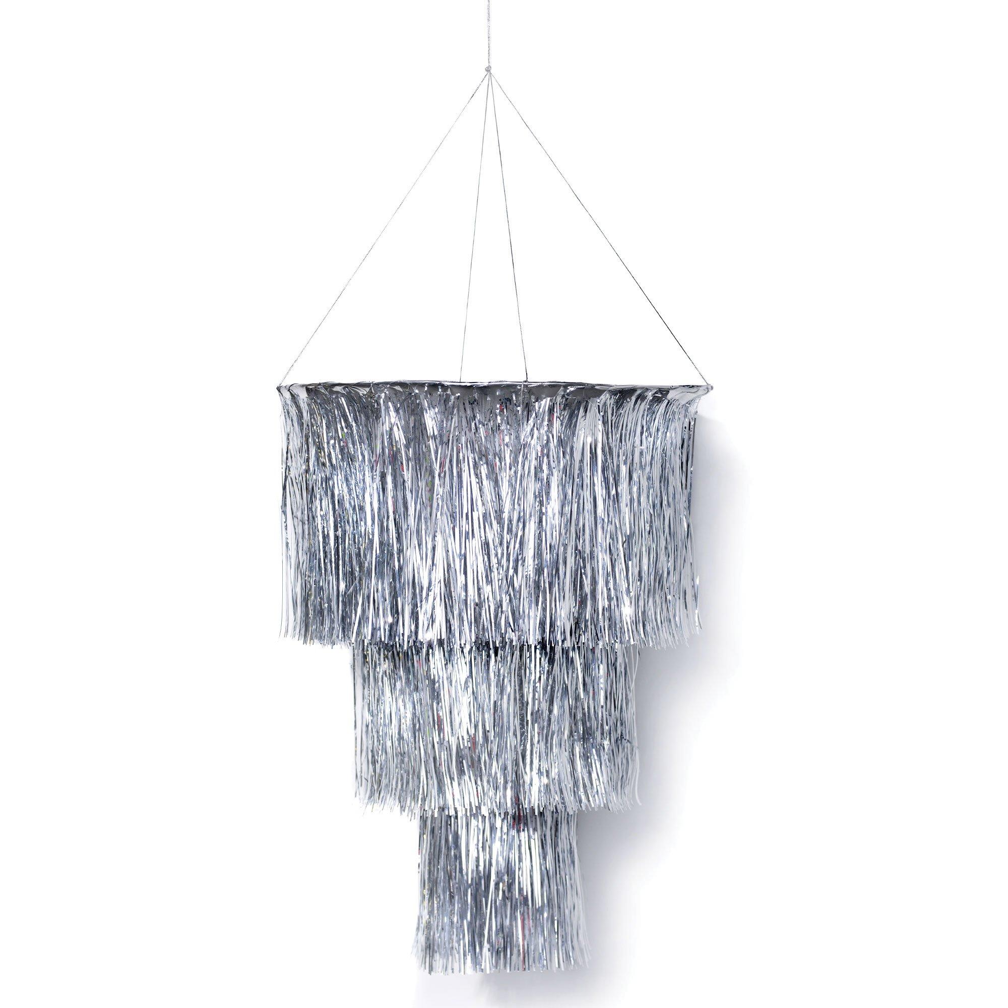 Silver Tinsel 3-Tier Fringe Chandelier, 3.16ft - Disco