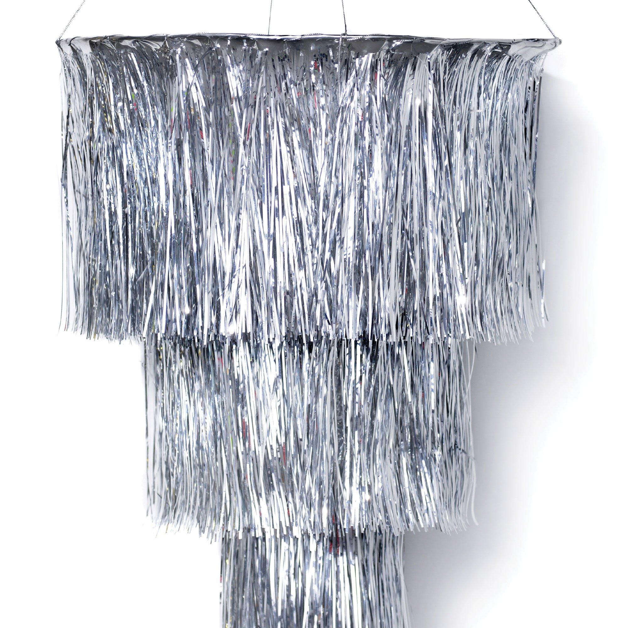 Silver Tinsel 3-Tier Fringe Chandelier, 3.16ft - Disco