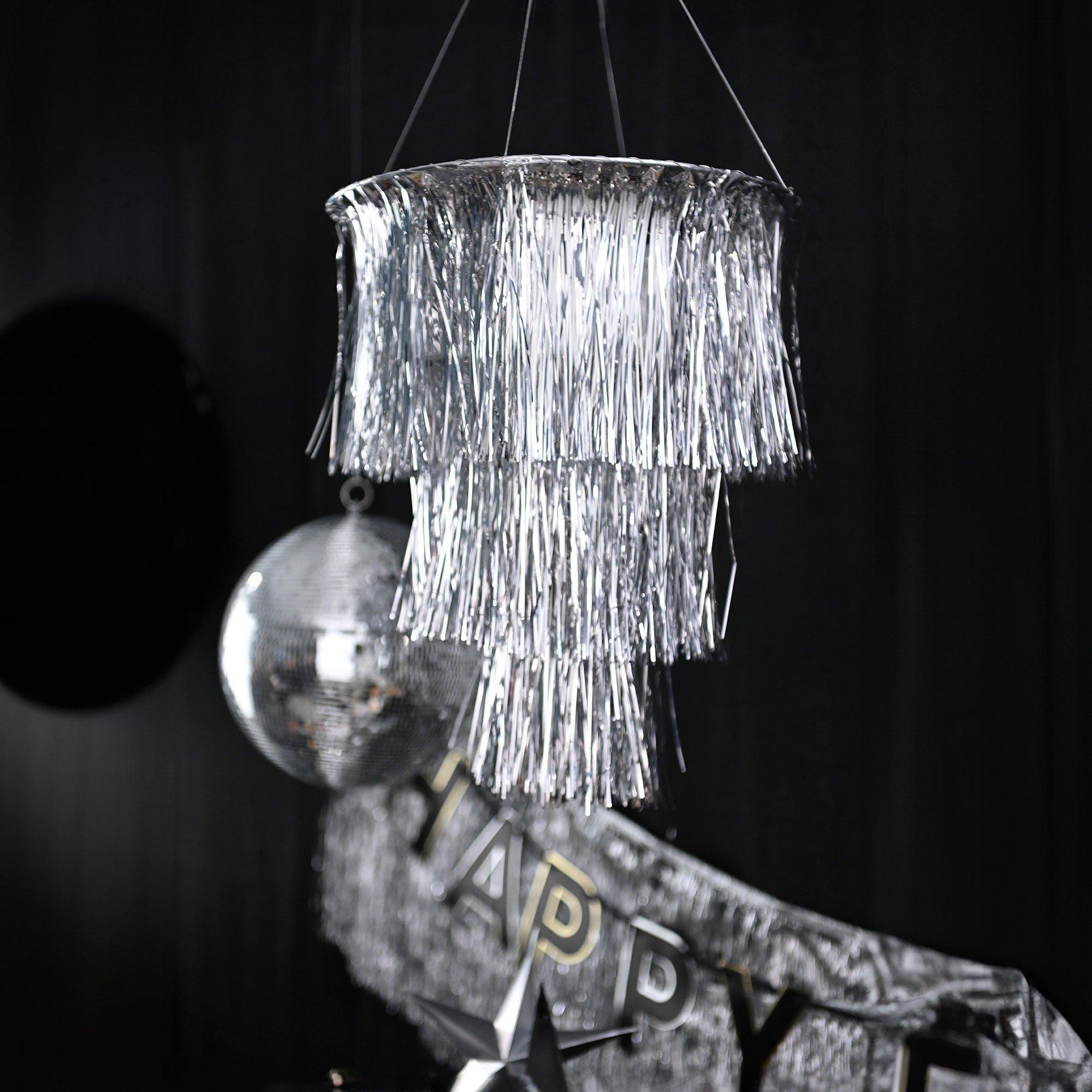 Silver Tinsel 3-Tier Fringe Chandelier, 3.16ft - Disco