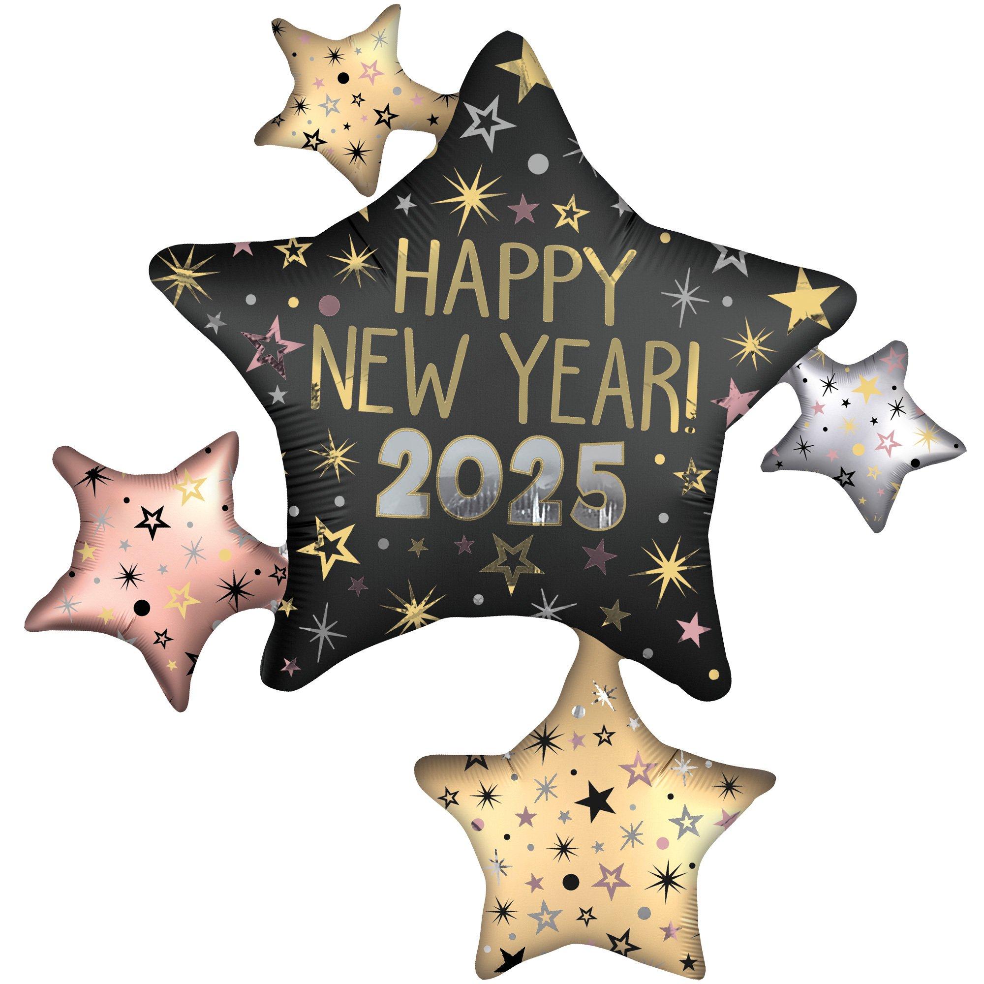 Satin Happy New Year 2025 Star Cluster Foil Balloon, 32in x 35in - New Year Celebration