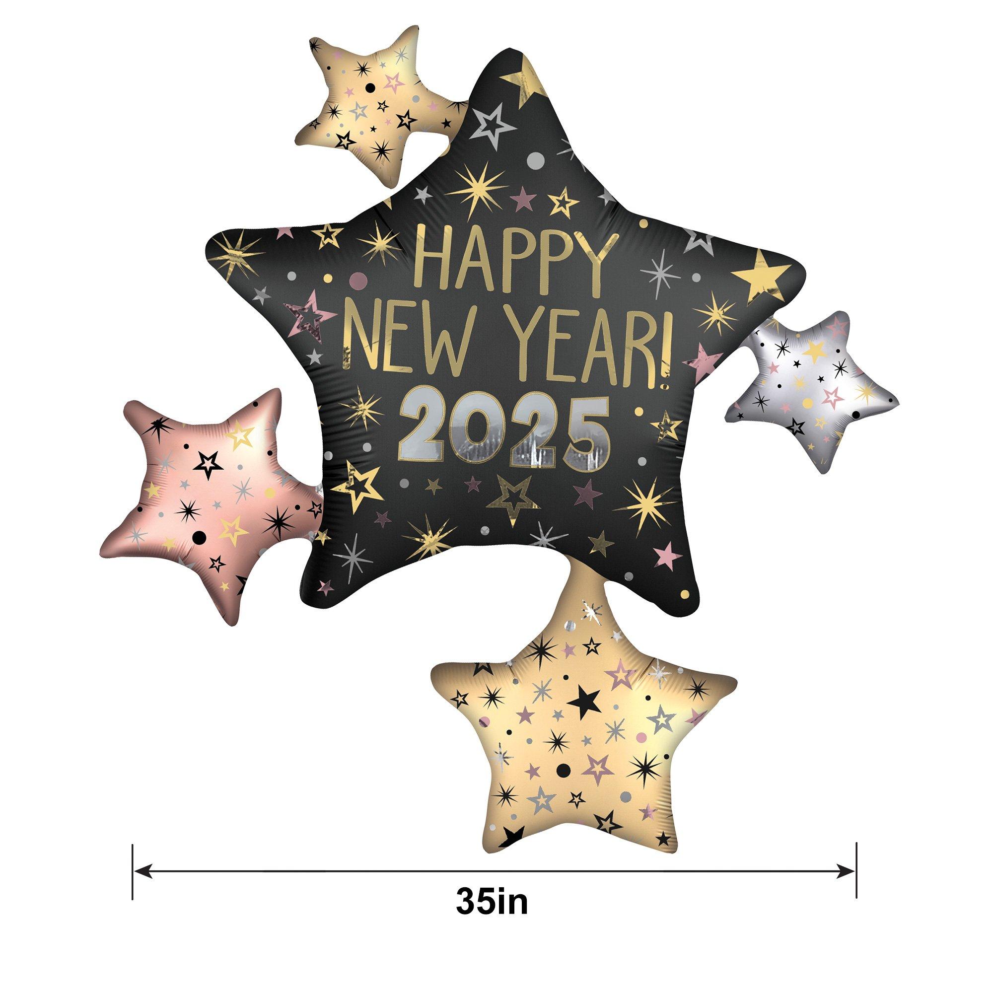 Satin Happy New Year 2025 Star Cluster Foil Balloon, 32in x 35in - New Year Celebration