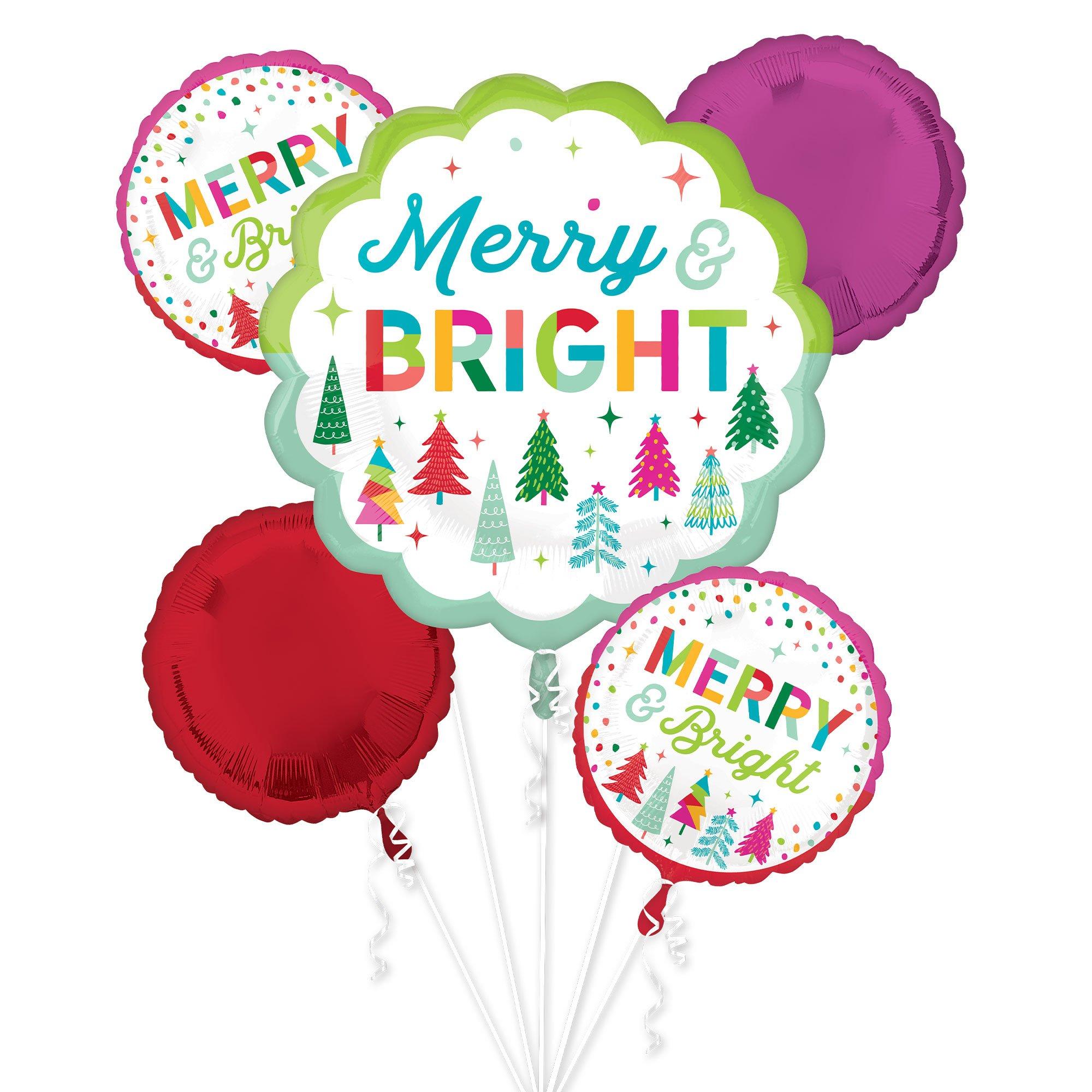 Merry & Bright Christmas Foil Balloon Bouquet, 5pc