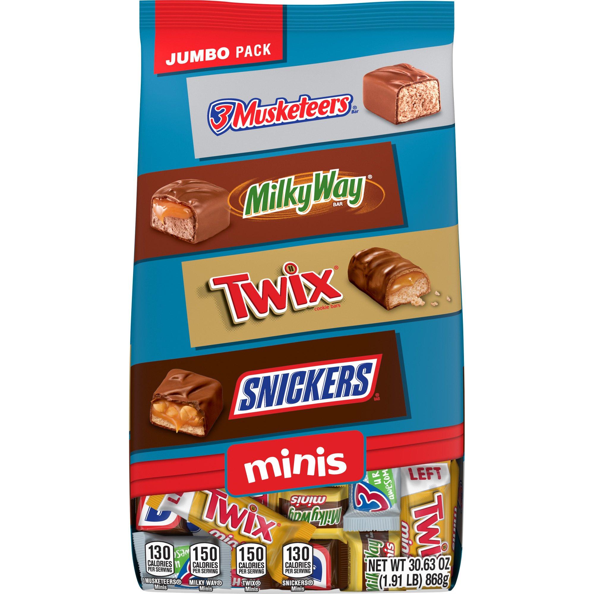 Mars Chocolate Minis Assorted Candy Bag, Jumbo Pack, 30.63oz - 3 Musketeers, Milky Way, Snickers & Twix