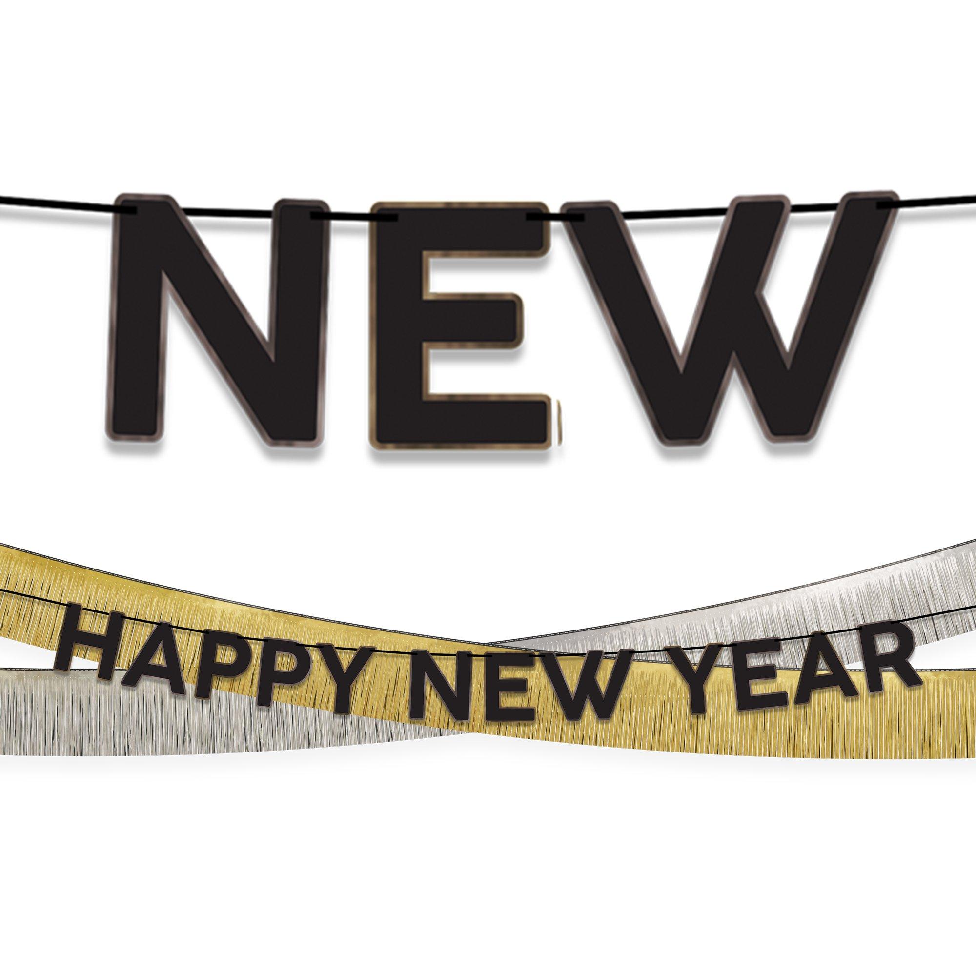 Black, Silver & Gold Happy New Year Cardstock & Tinsel Banner Set, 3pc