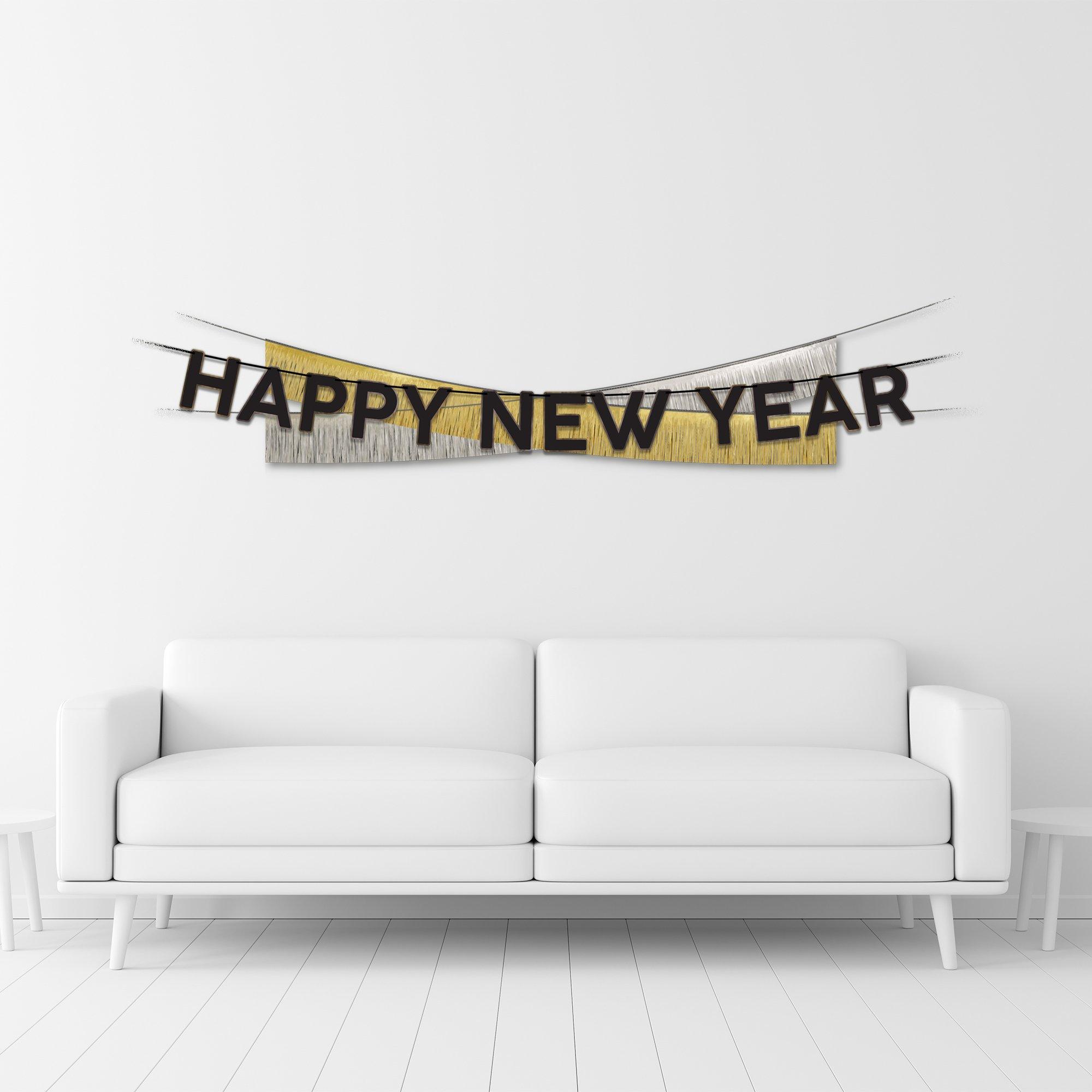 Black, Silver & Gold Happy New Year Cardstock & Tinsel Banner Set, 3pc