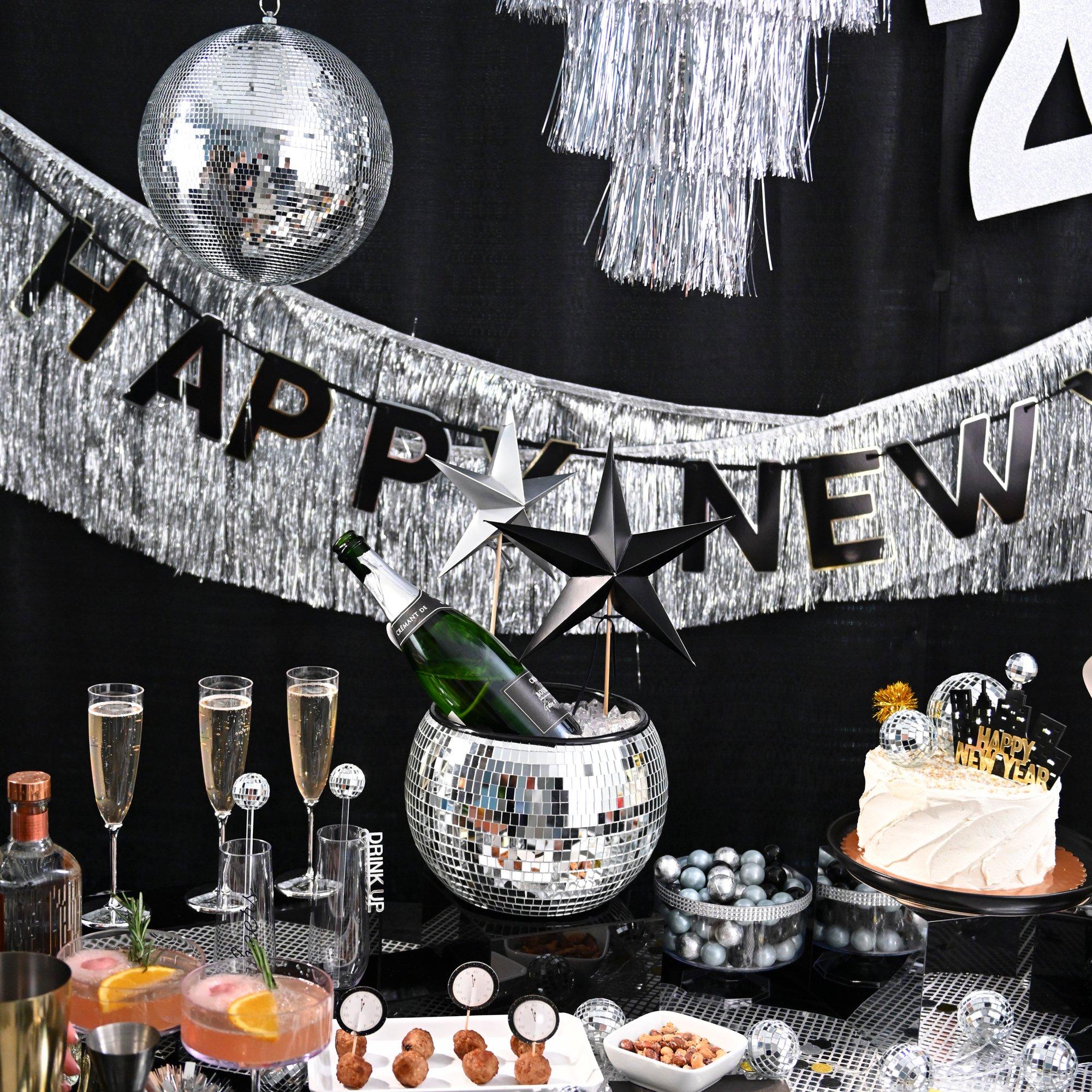 Black, Silver & Gold Happy New Year Cardstock & Tinsel Banner Set, 3pc