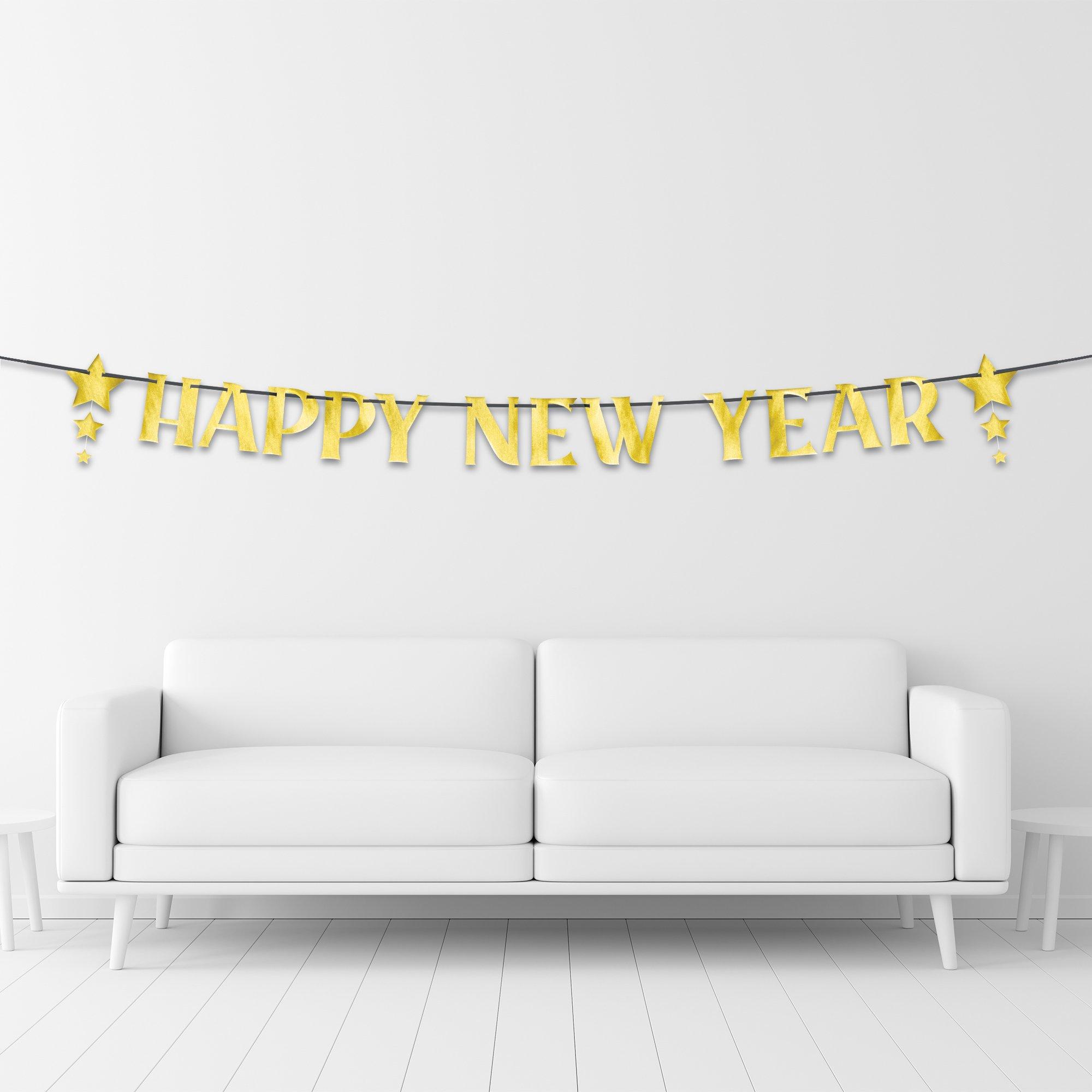 Metallic Gold Happy New Year Stars Cardstock Letter Banner, 12ft