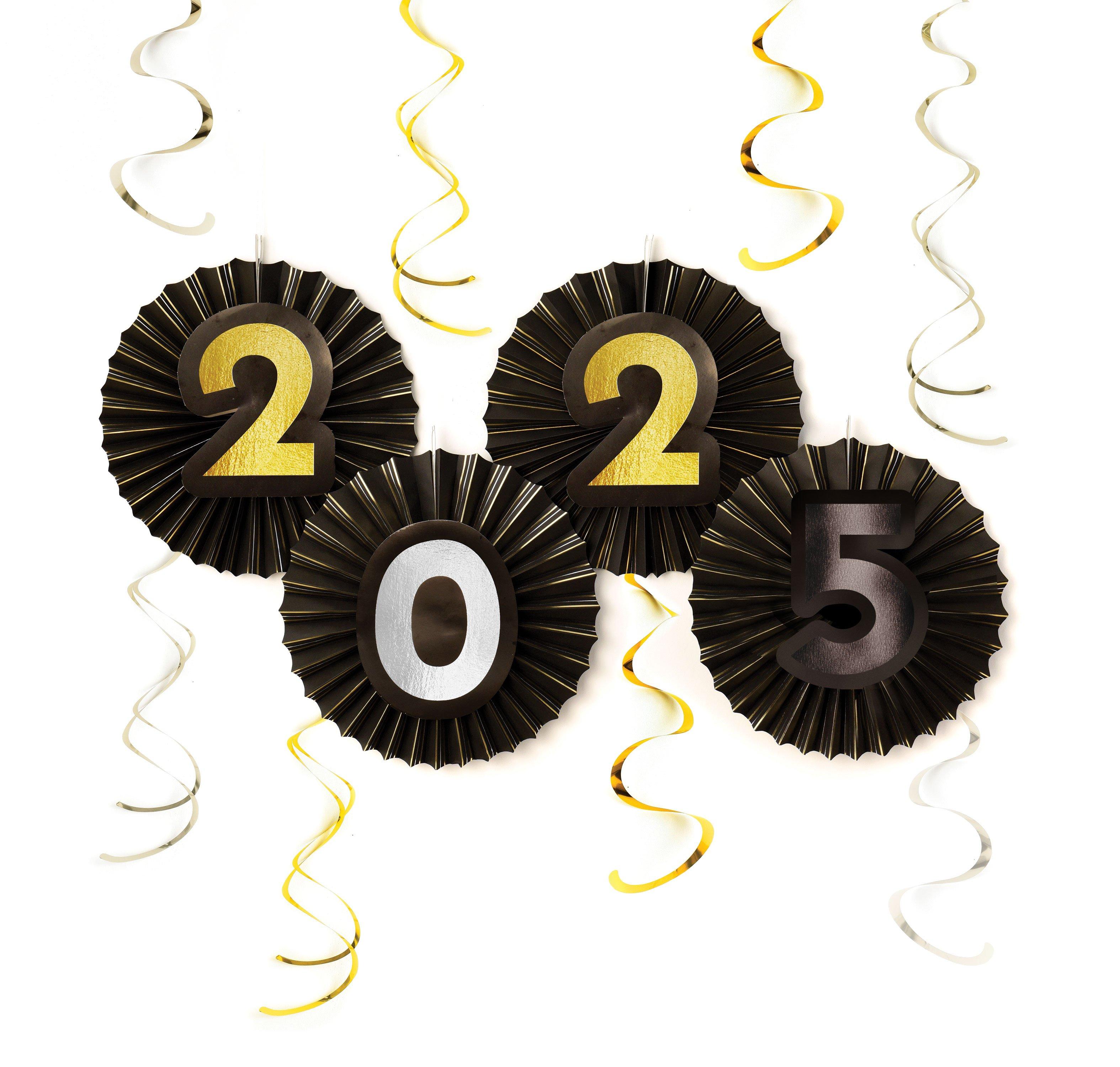 Black, Silver, & Gold 2025 Fan & Swirl Decorations, 12pc