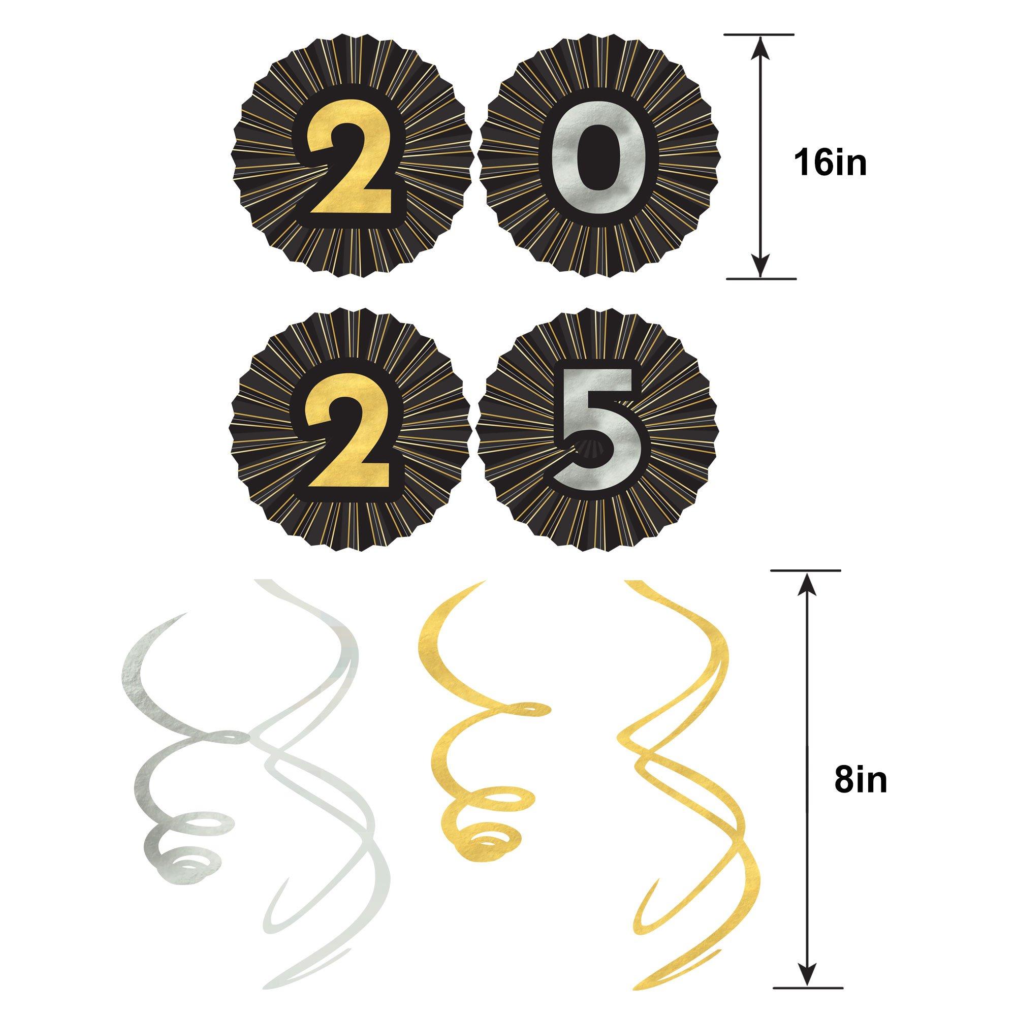 Black, Silver, & Gold 2025 Fan & Swirl Decorations, 12pc