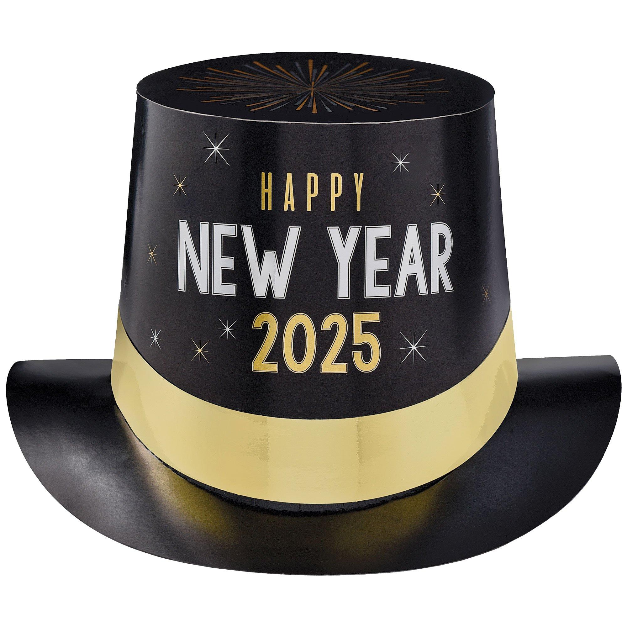 Black, Silver & Gold Happy New Year 2025 Paper Top Hat