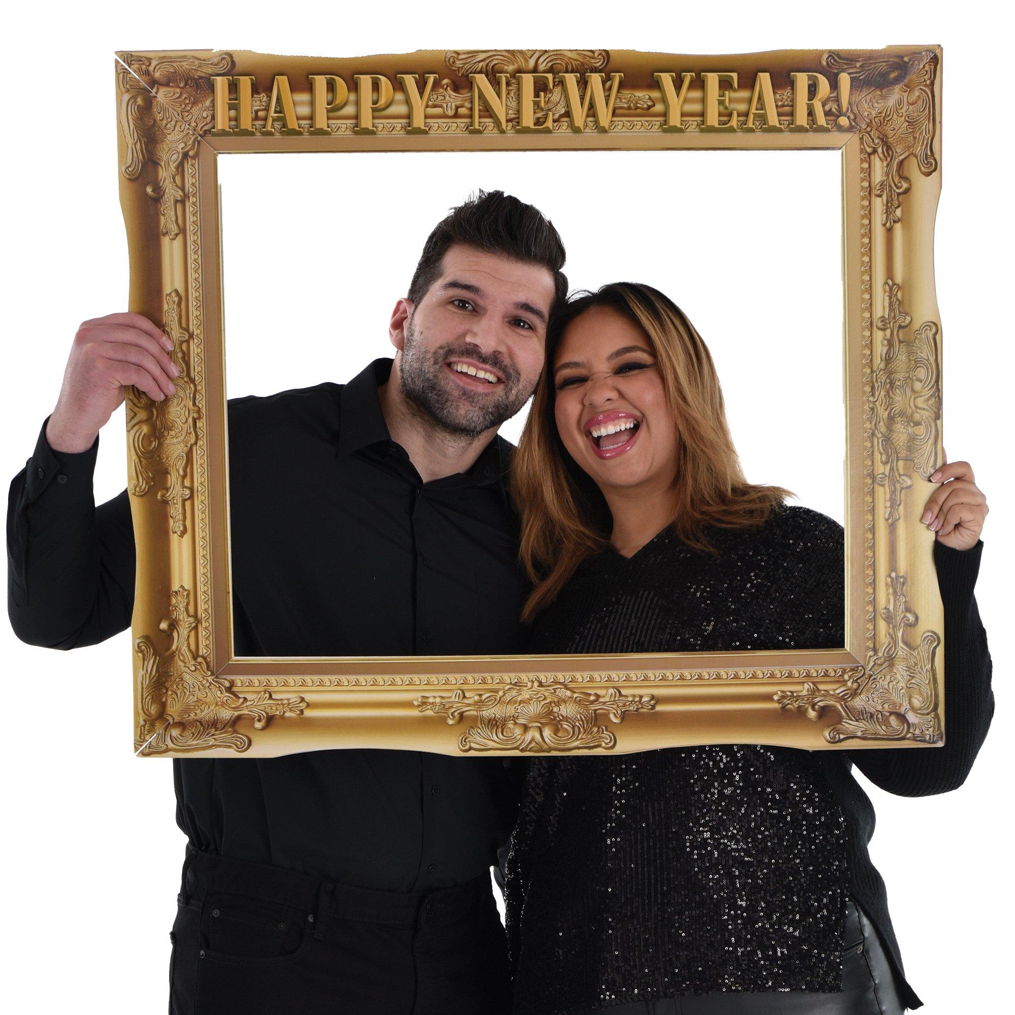 Gold Happy New Year Cardboard Photo Frame Prop, 2.41ft x 2.91ft