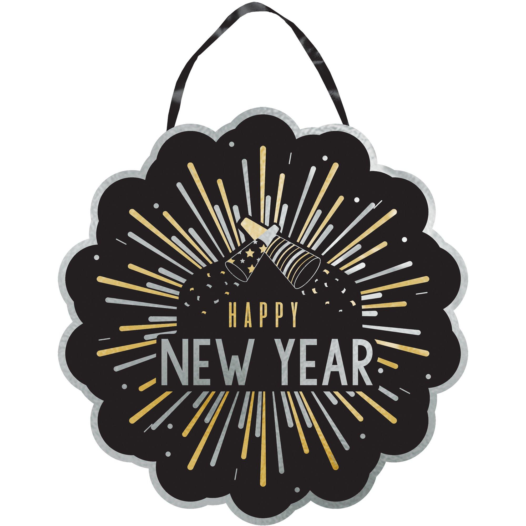 Black, Silver & Gold Happy New Year Cardboard Hanging Sign, 12.5in