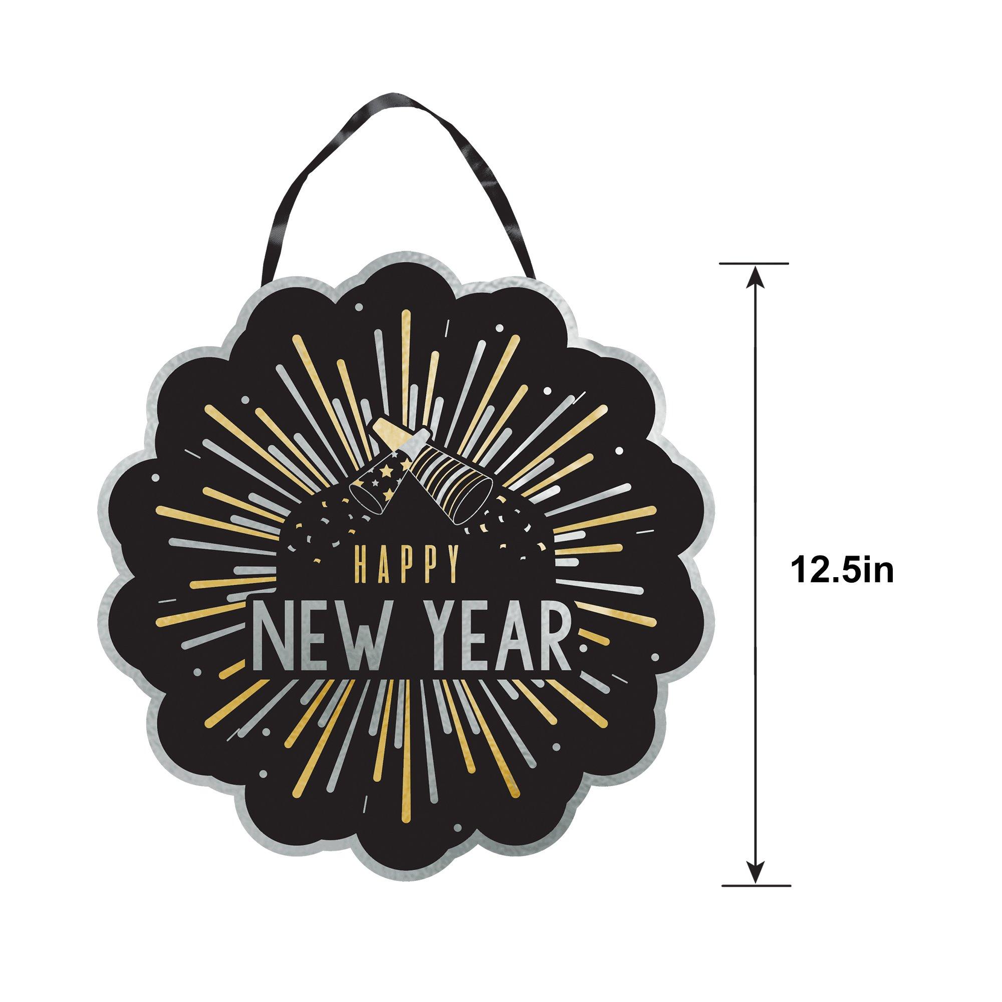 Black, Silver & Gold Happy New Year Cardboard Hanging Sign, 12.5in