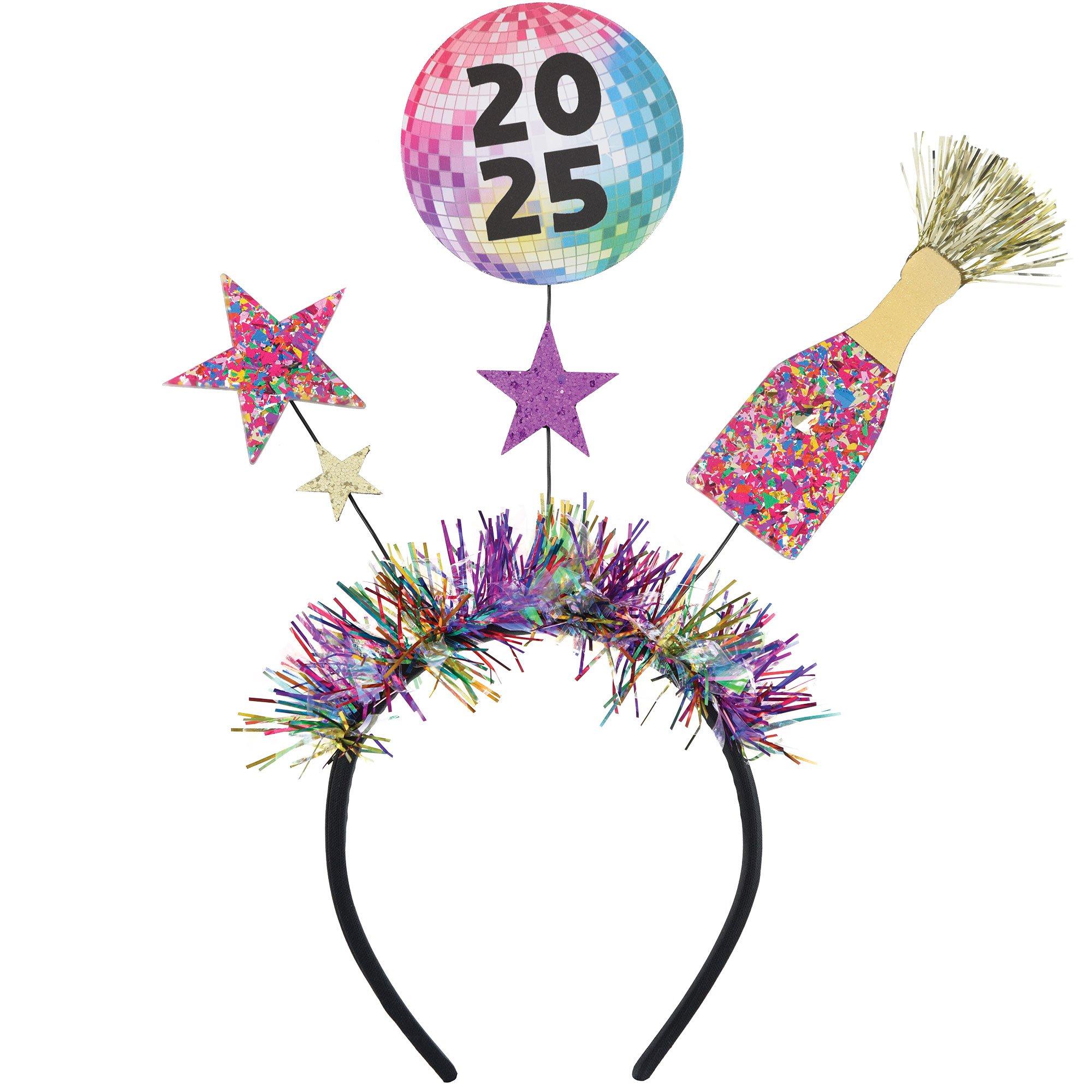 Colorful 2025 Disco Ball, Star & Champagne Foil Spray Headband