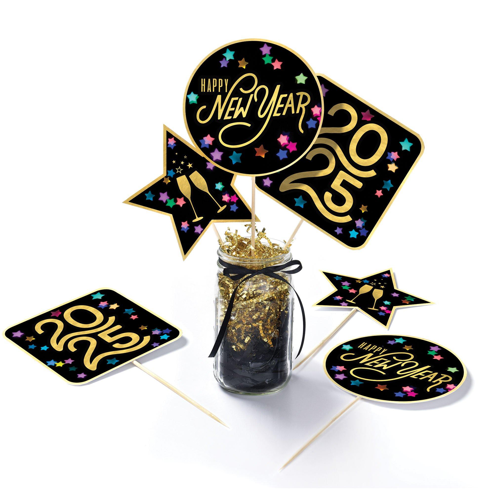 New Year's Eve Cardstock & Wood Centerpiece Picks, 6pc - Colorful Starlight