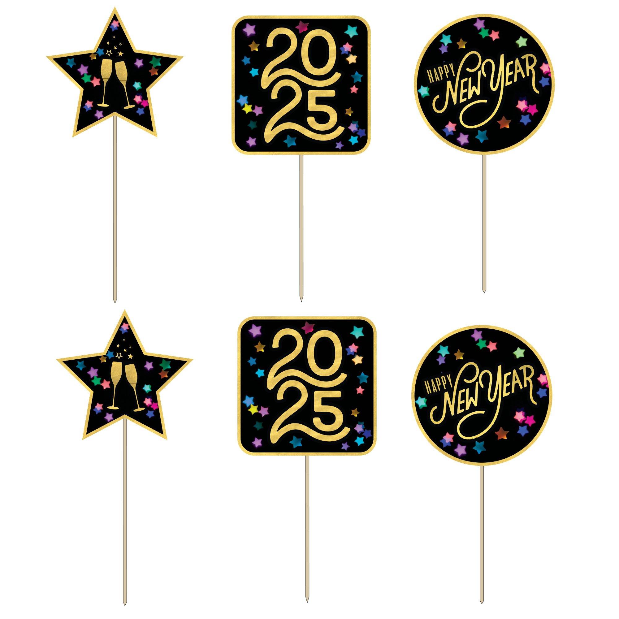 New Year's Eve Cardstock & Wood Centerpiece Picks, 6pc - Colorful Starlight