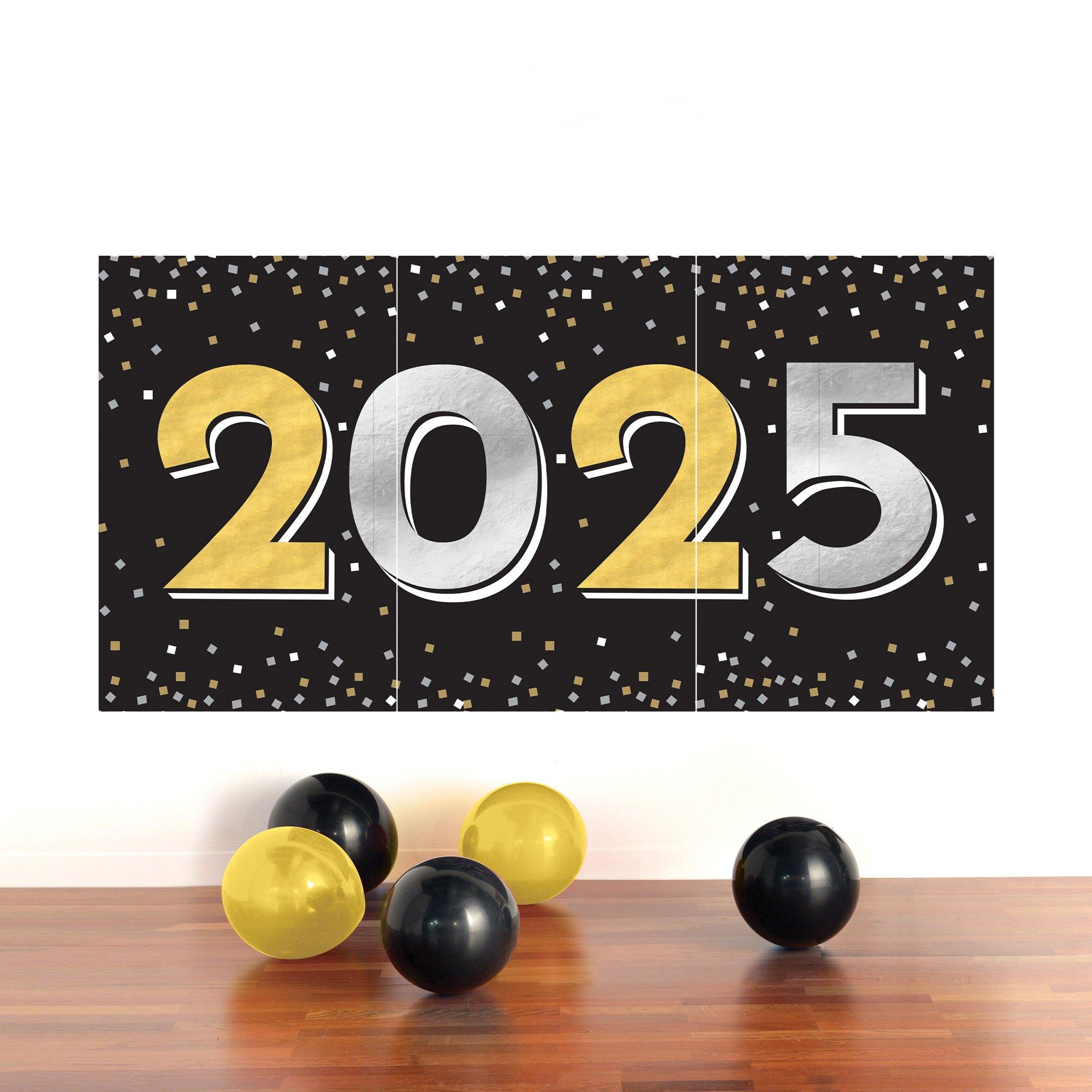 Black, Silver, & Gold 2025 New Year's Eve Paper Scene Setter, 2.79ft x 5.41ft, 3pc