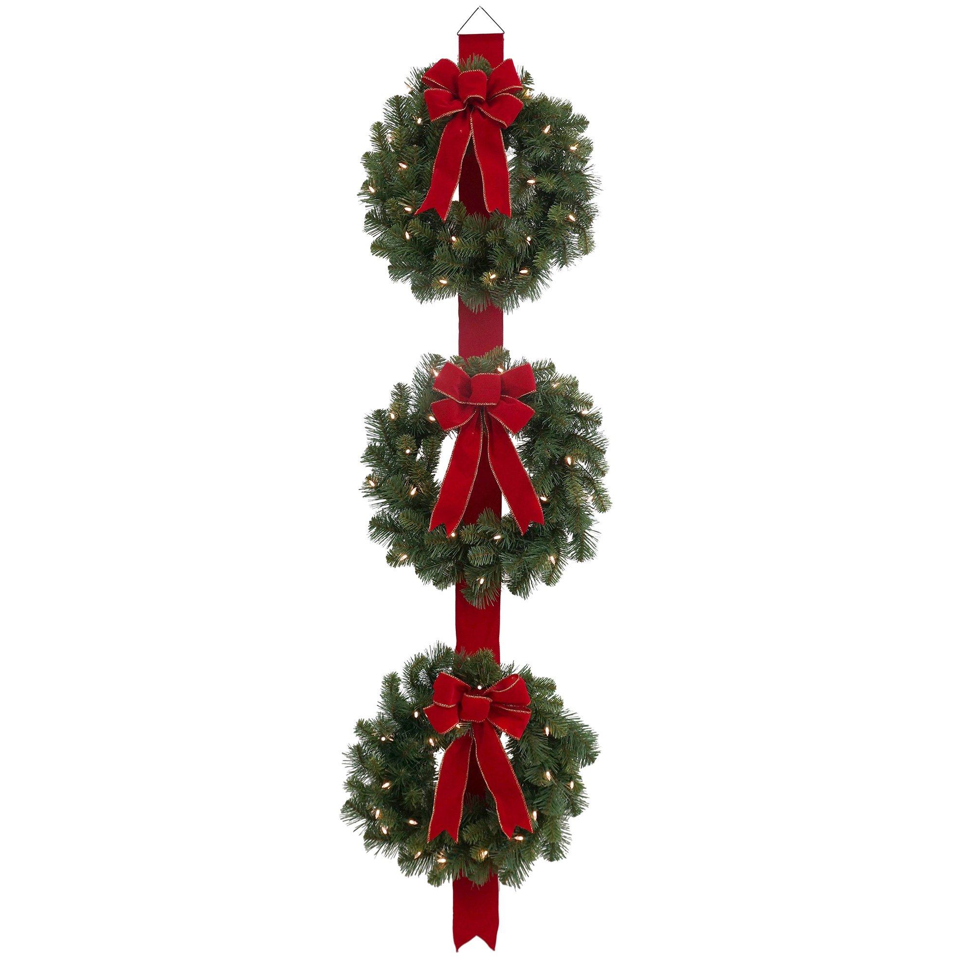 Light-Up LED Triple Wreath with Ribbon Hanger