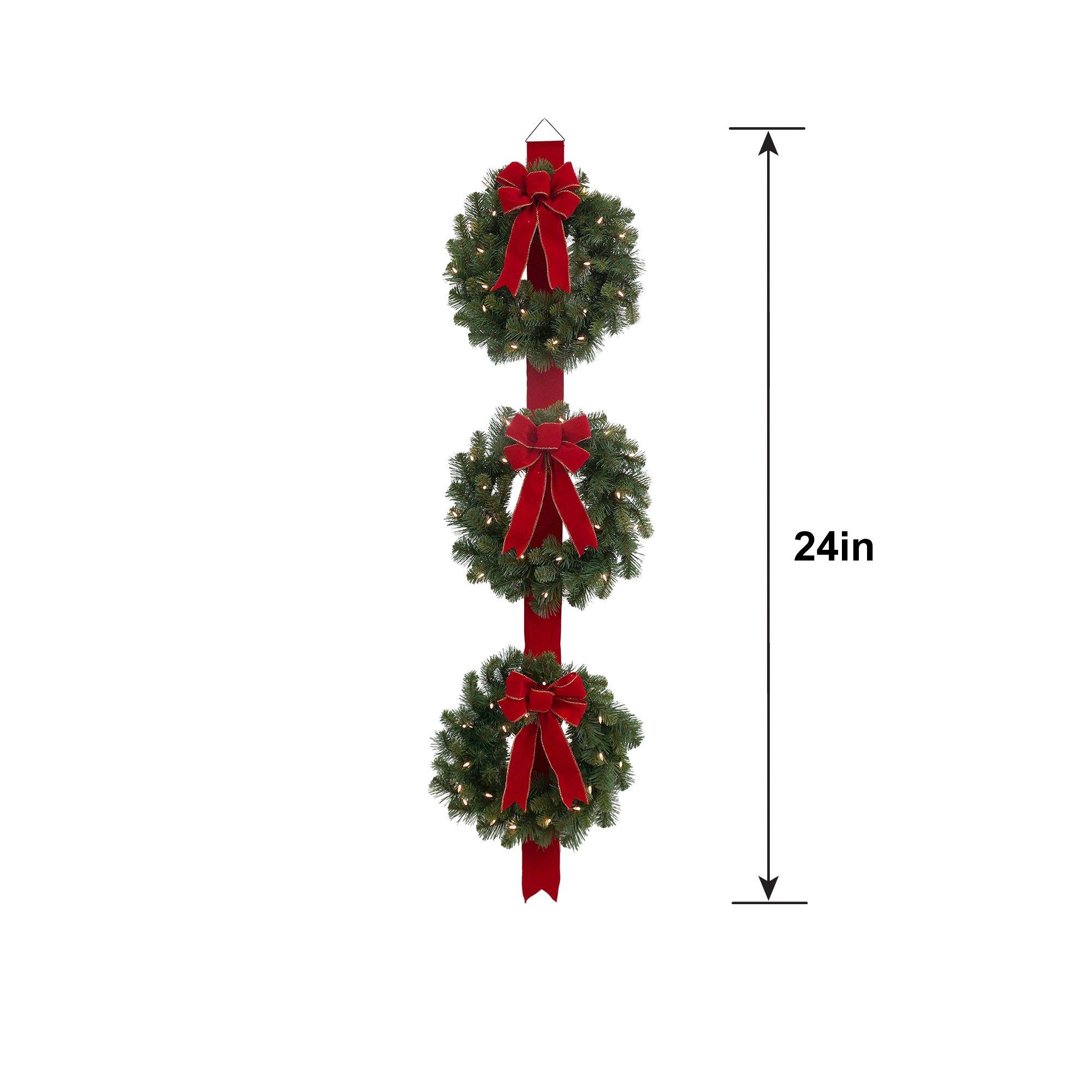 Light-Up LED Triple Wreath with Ribbon Hanger