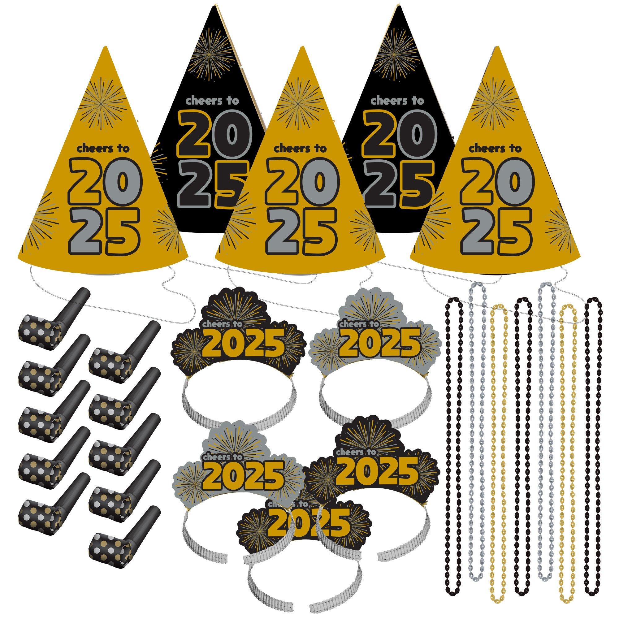 Kit for 10 - Black, Silver, & Gold Cheers to 2025 New Year's Eve Party Kit, 30pc