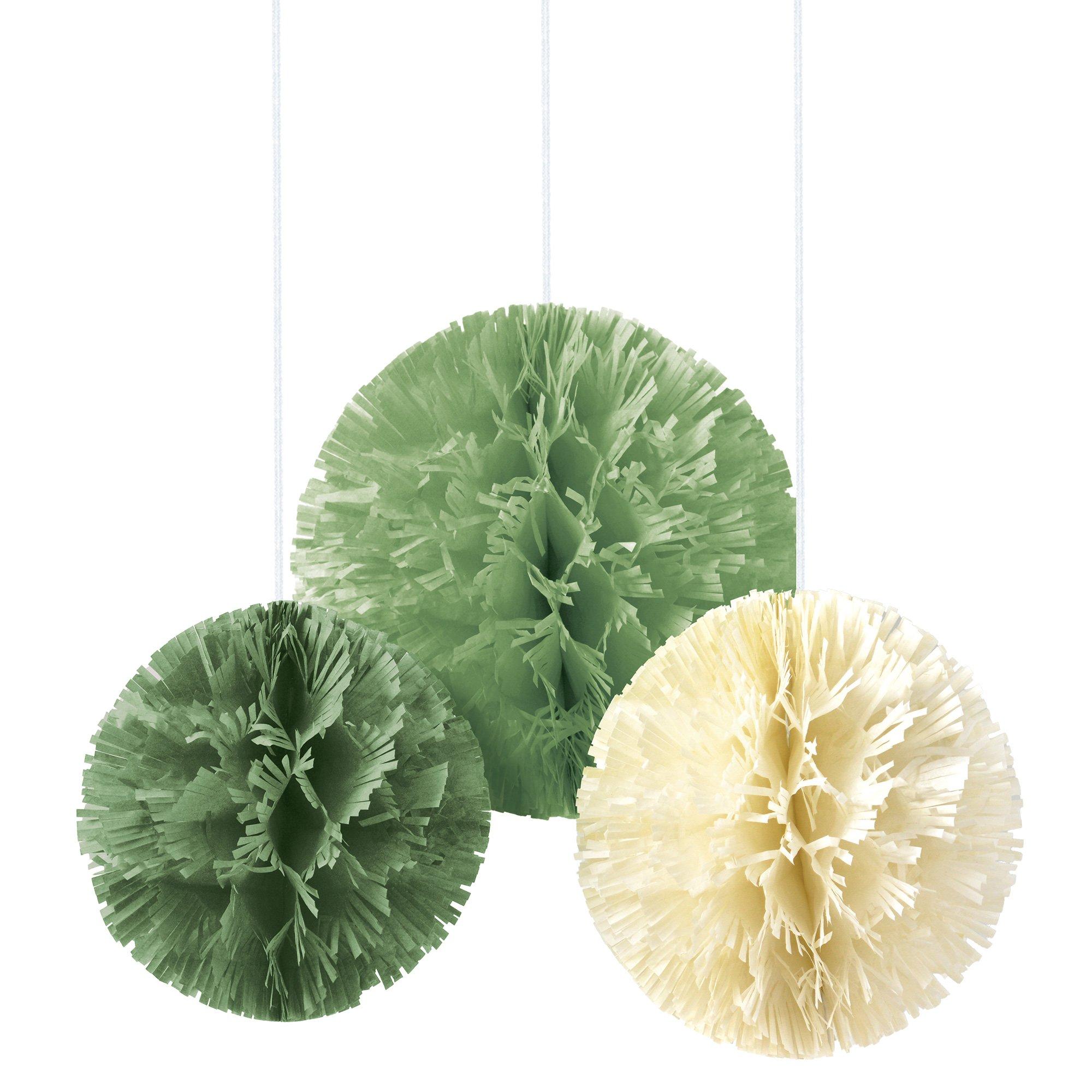 Green & Cream Fringe Pom-Pom Hanging Decorations, 3ct - Crafted Artisan