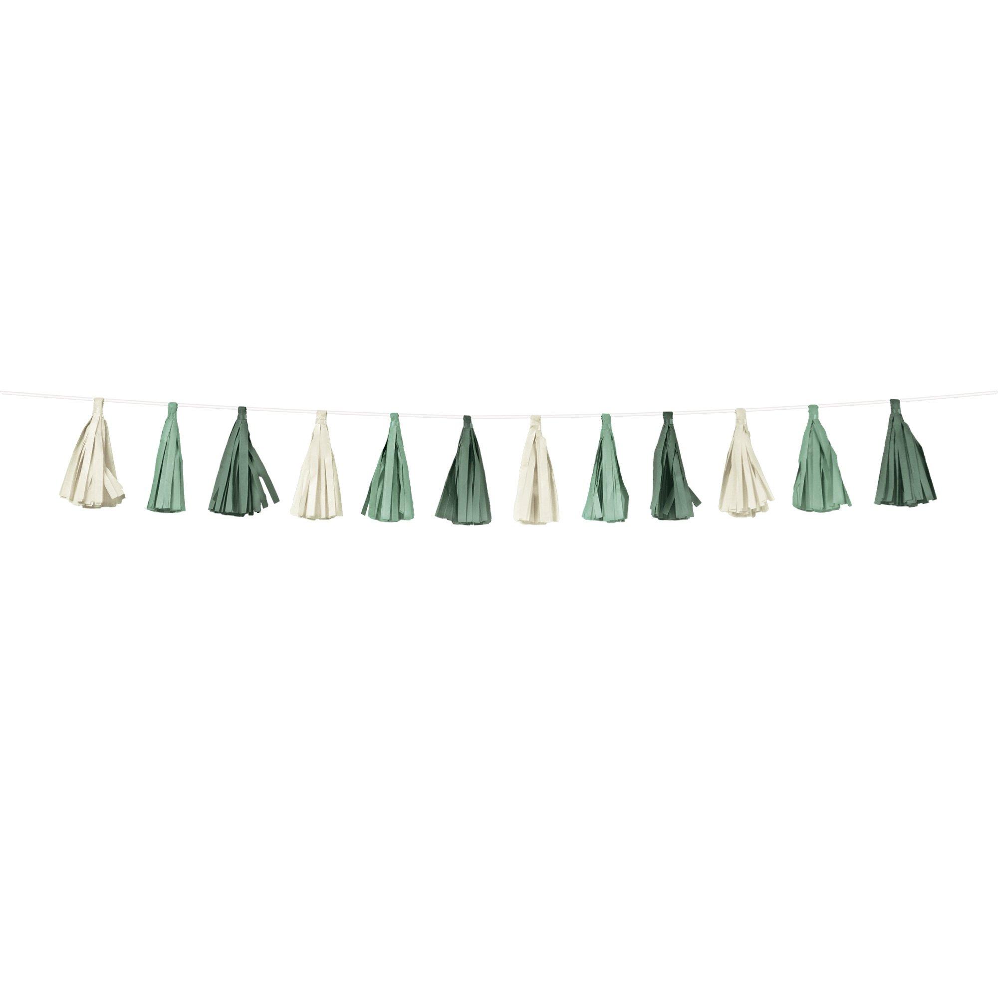 Green & Cream Tissue Paper Tassel Garland, 10ft - Crafted Artisan