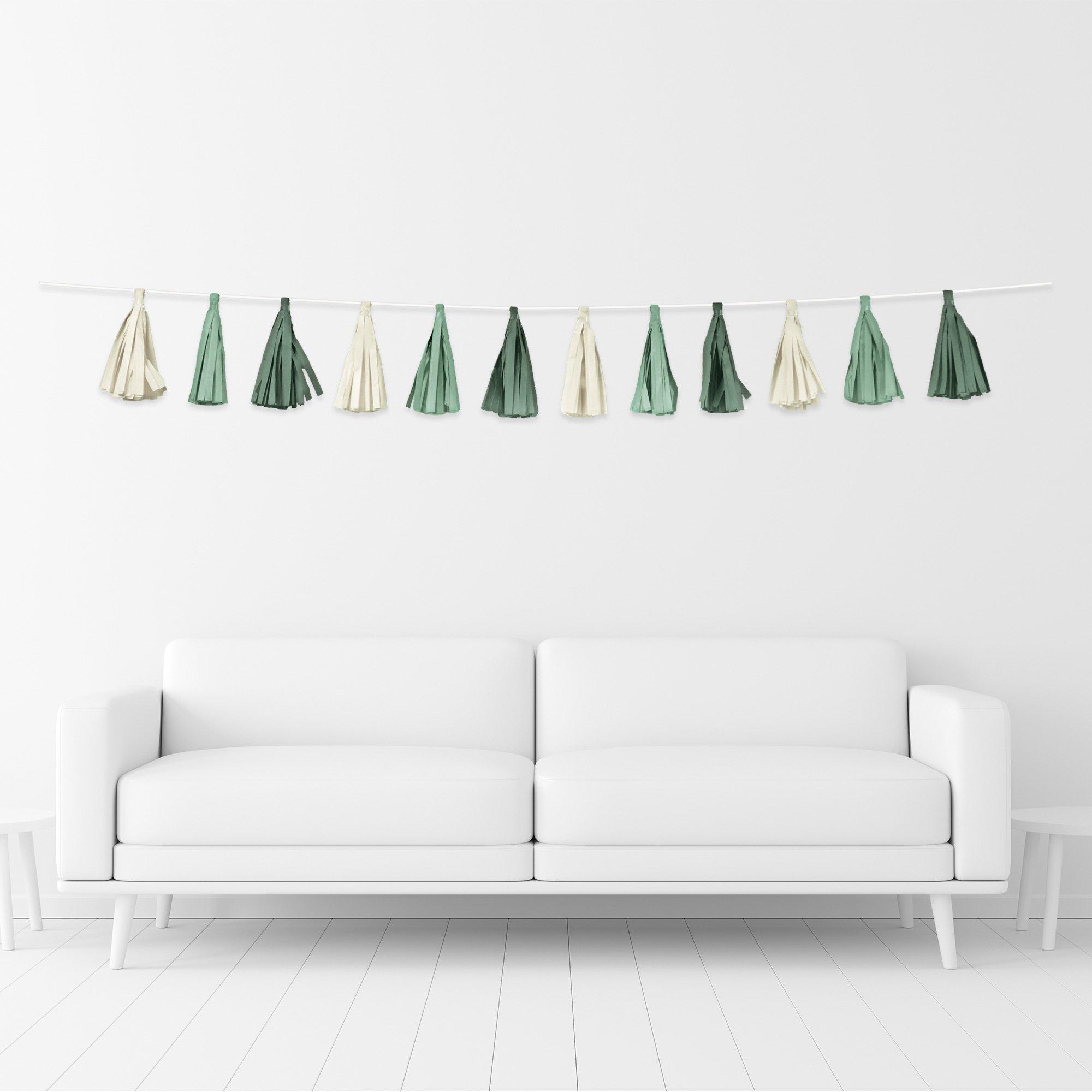 Green & Cream Tissue Paper Tassel Garland, 10ft - Crafted Artisan