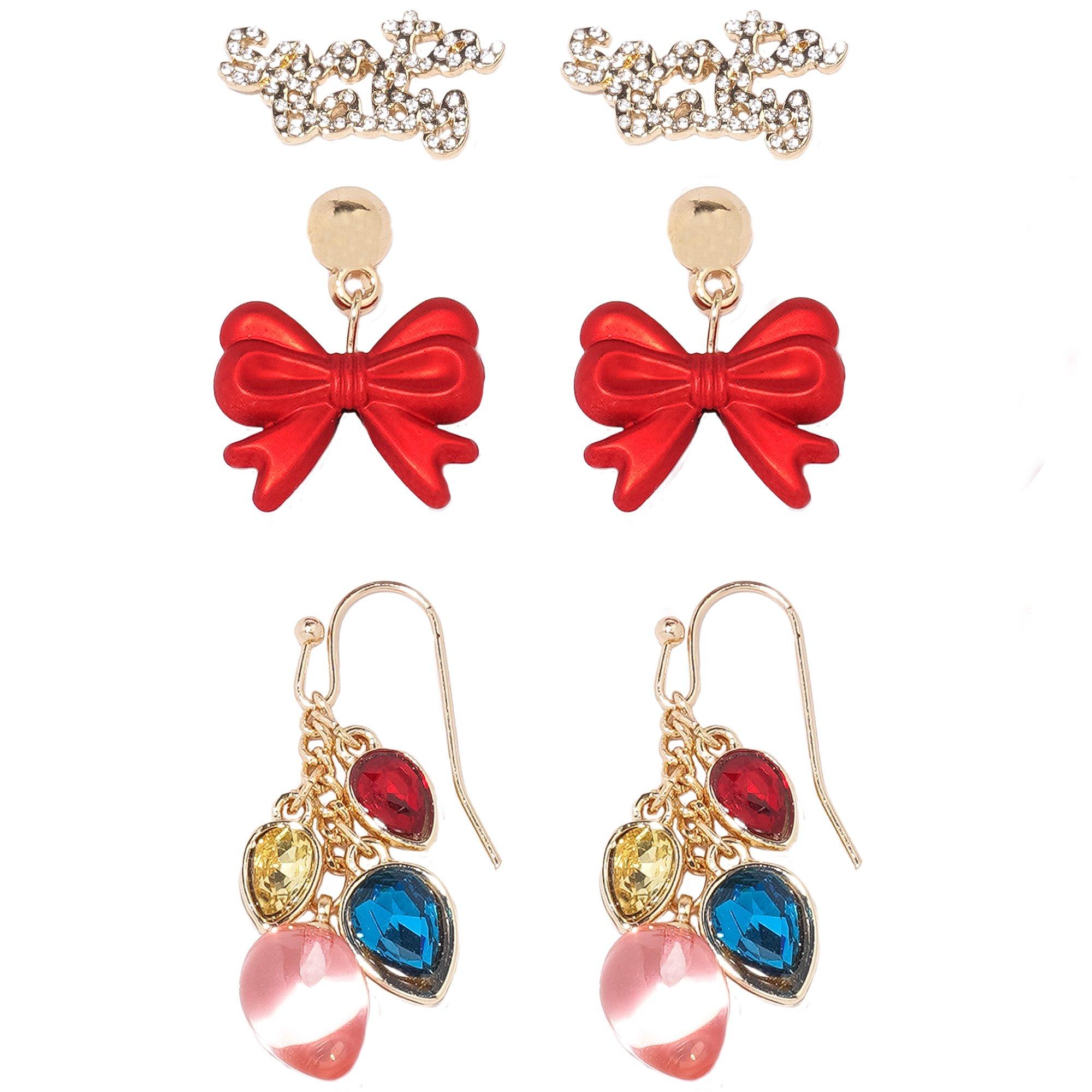 Santa Baby, Red Bow & Holidays Light Earring Set, 3 Pairs