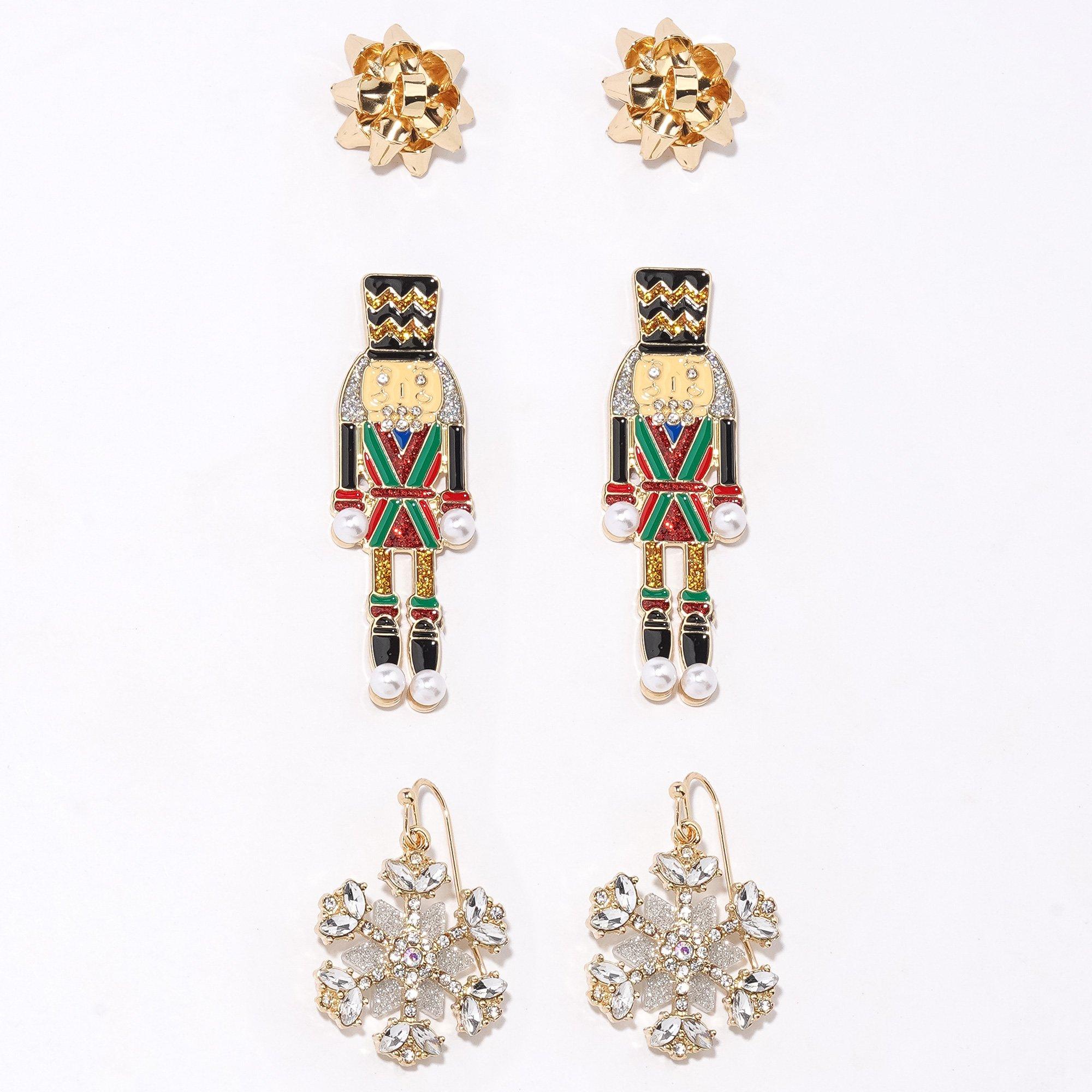 Gold Bow, Nutcracker & Snowflake Earring Set, 3 Pairs