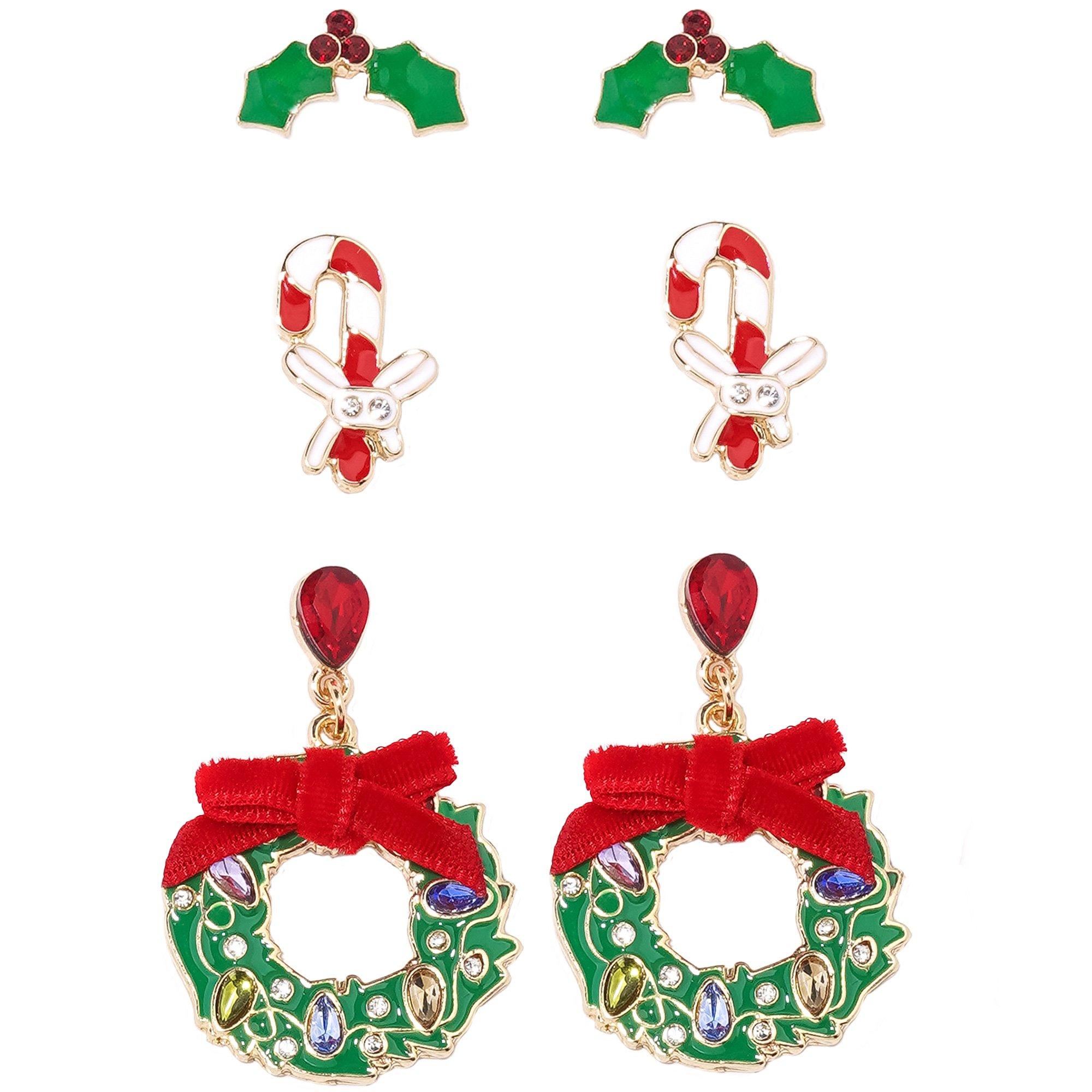 Holly, Candy Cane & Wreath Stud Earring Set, 3 Pairs