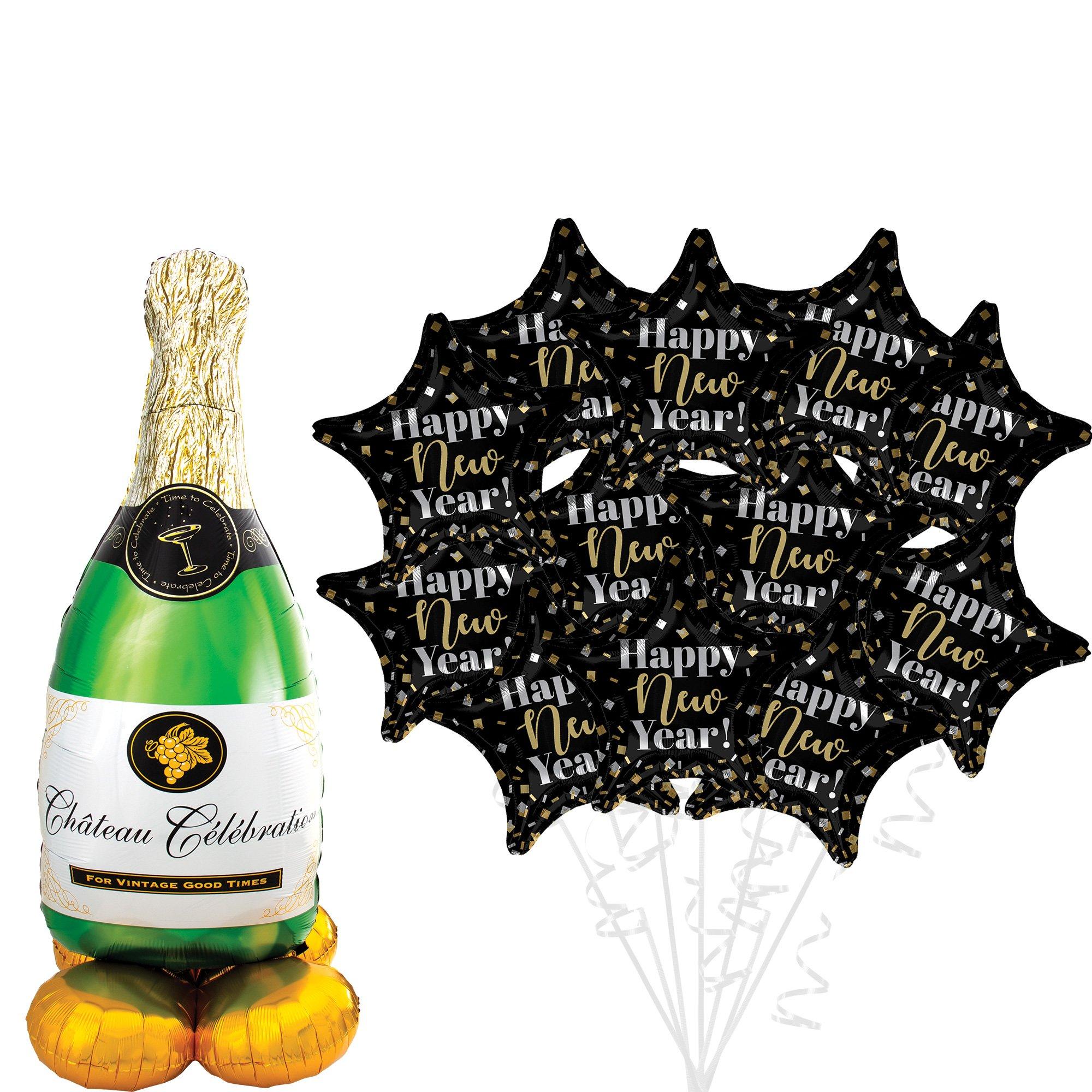 AirLoonz Bubbly Wine Bottle & Confetti Party New Year Balloon Bouquet Set, 13pc