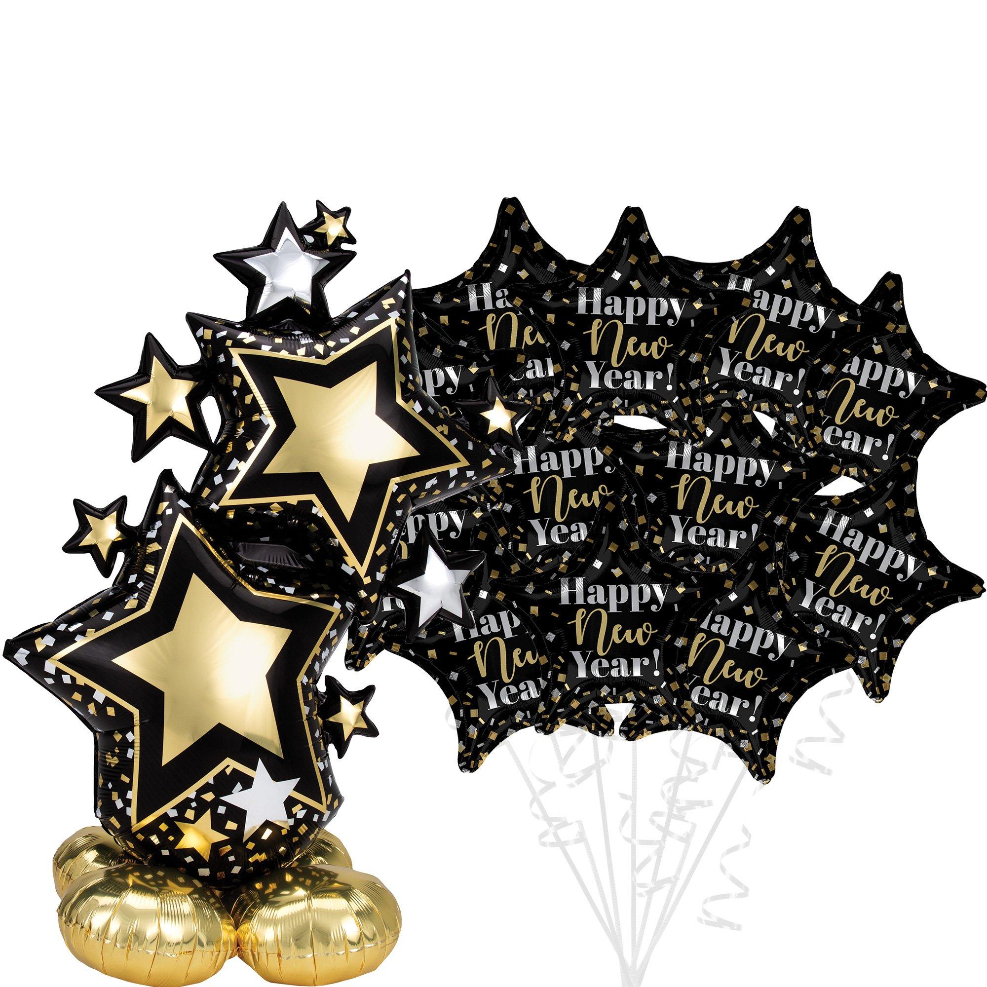 AirLoonz Black & Gold Star Cluster & Confetti Party New Year Balloon Bouquet Set, 13pc