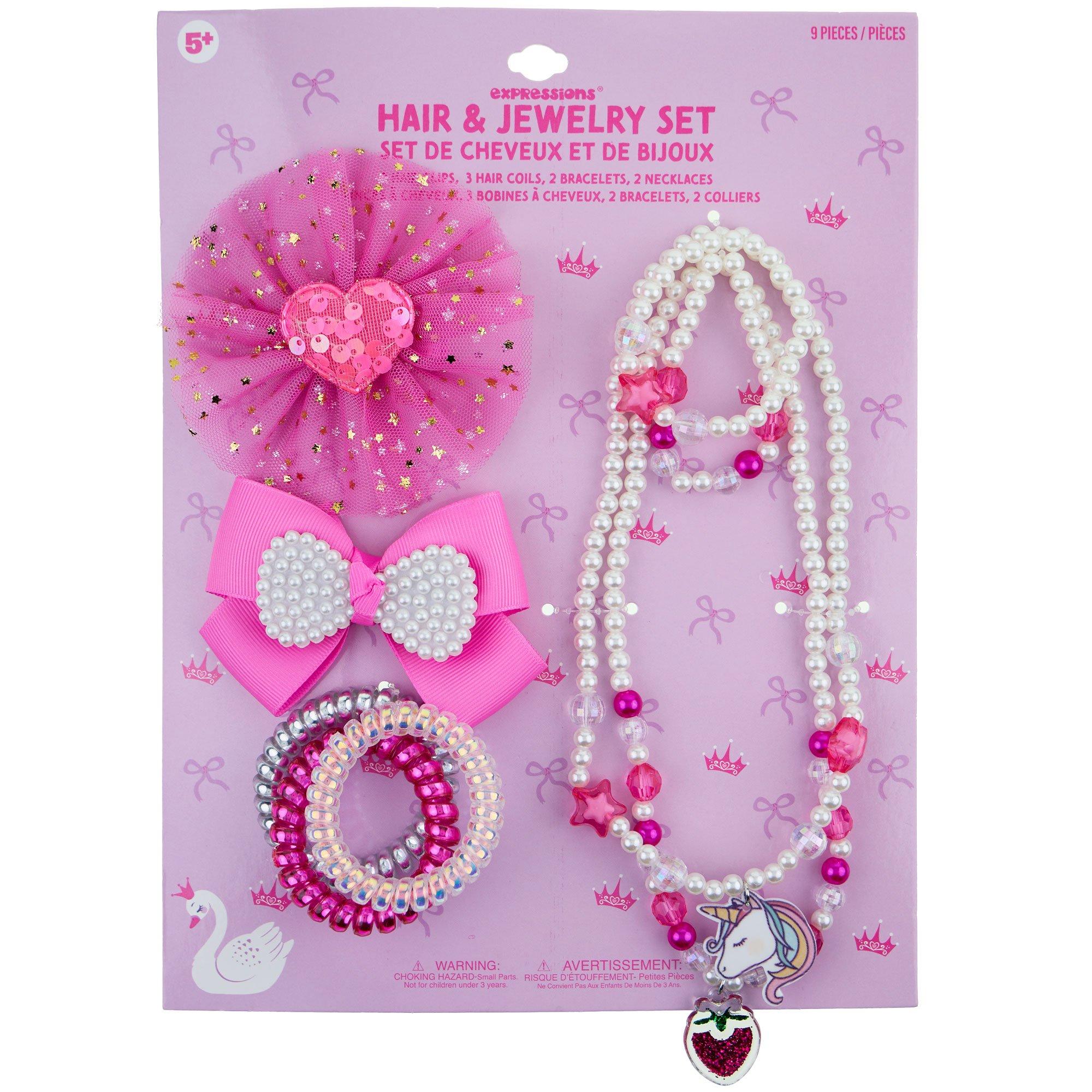 Pink Hair & Jewelry Set, 9pc