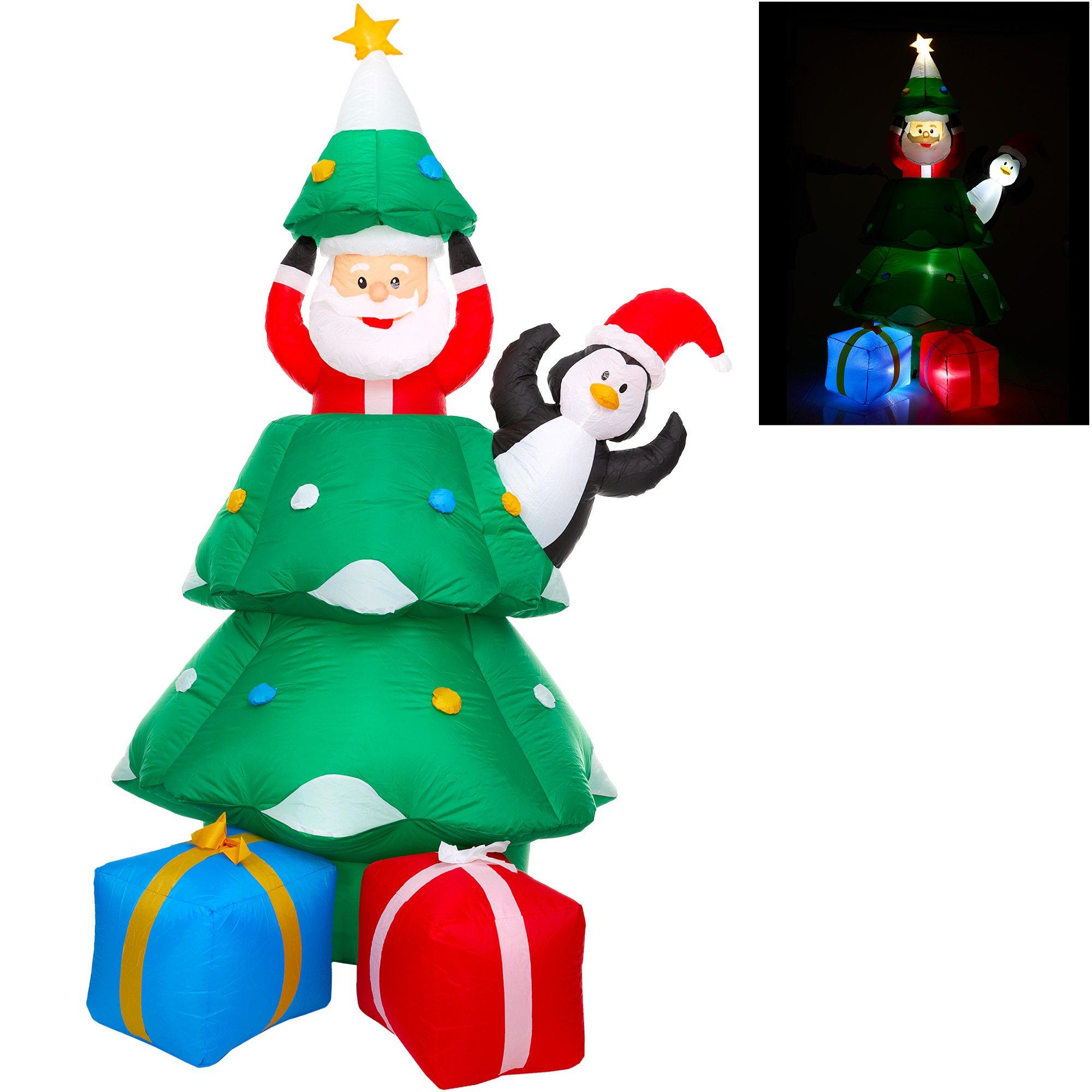 Animatronic Christmas Tree, Santa Claus & Penguin Inflatable Yard Decoration, 7.21ft