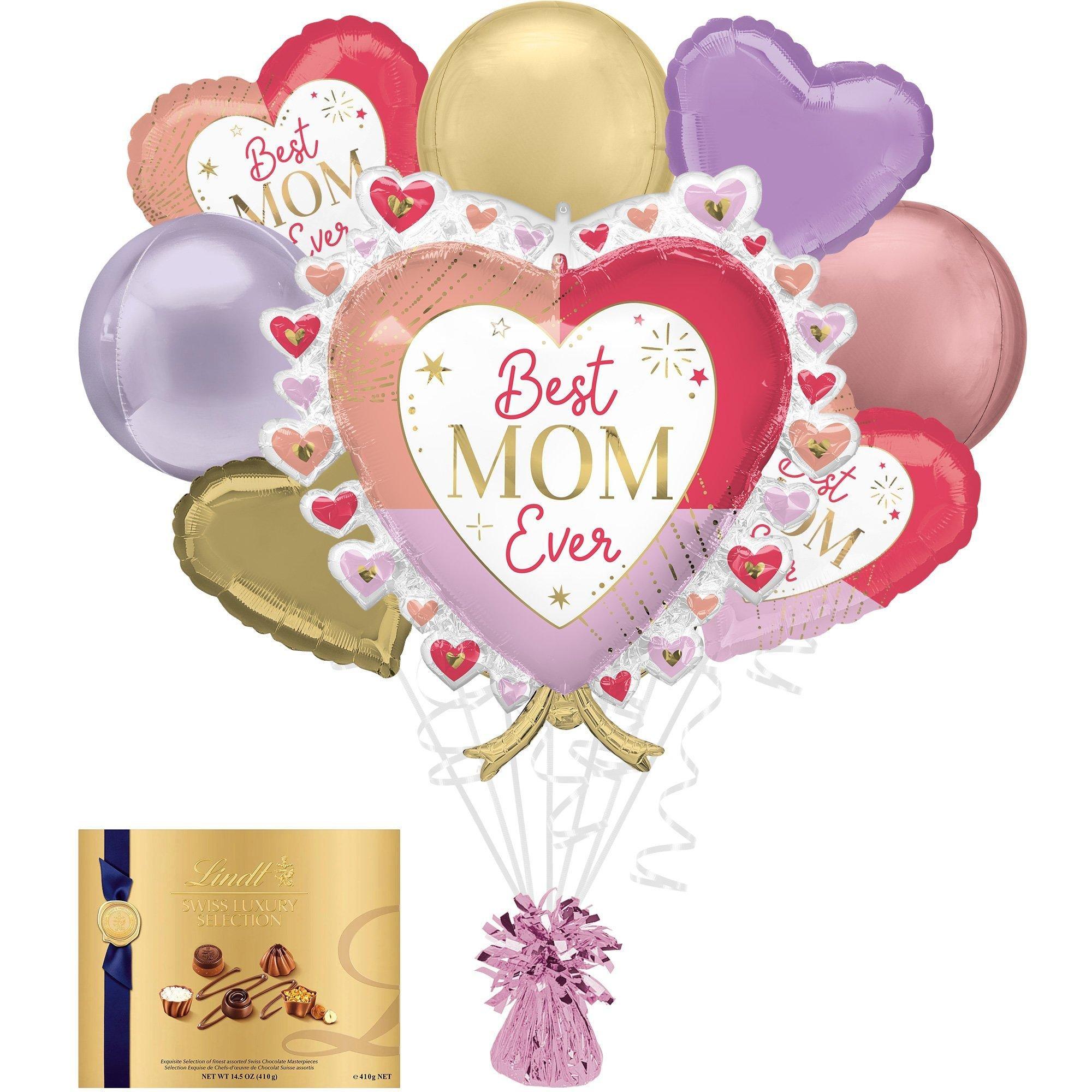 Premium Colorful Best Mom Ever Foil Balloon Bouquet with Balloon Weight & Lindt Chocolates Mother's Day Gift Set