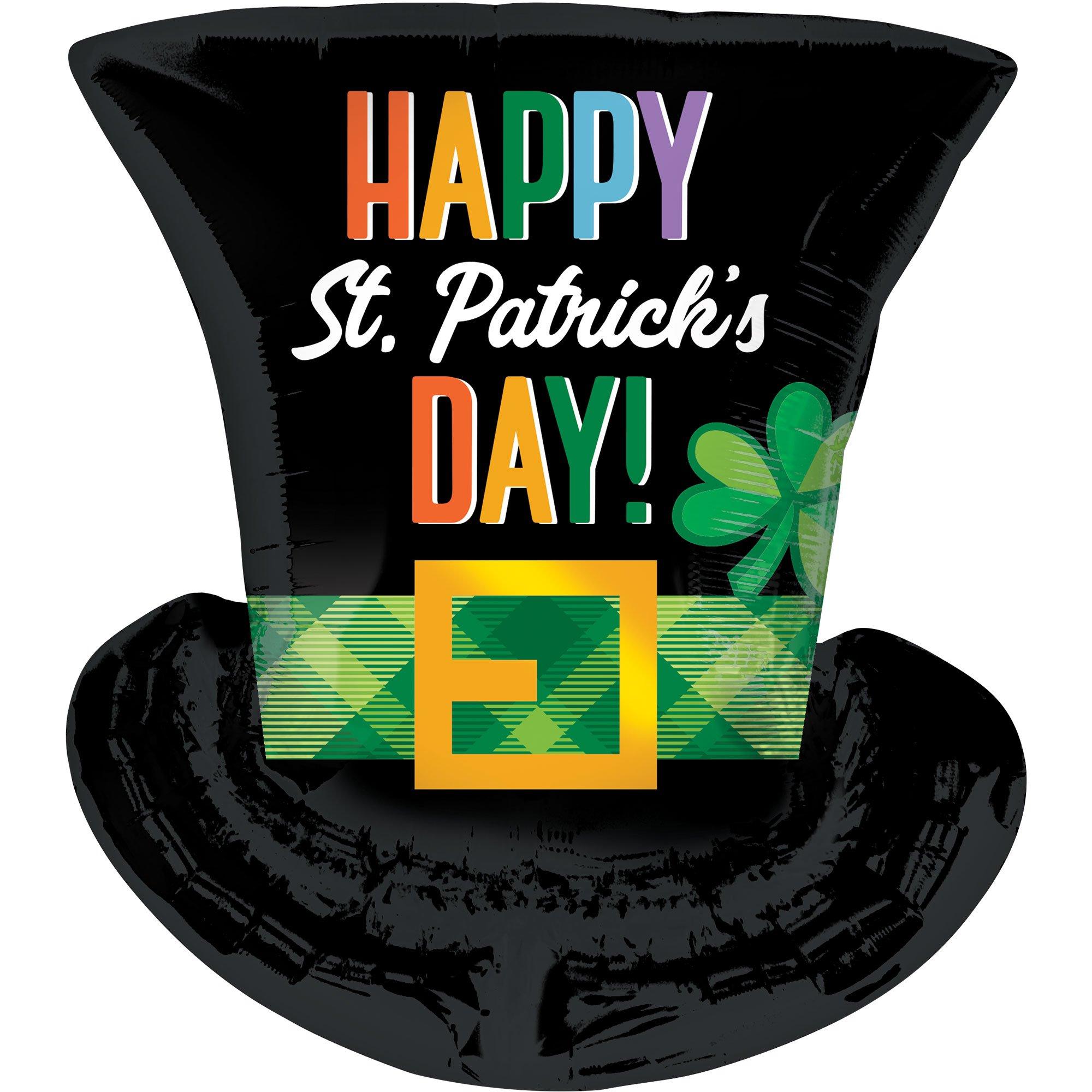 Happy St. Patrick's Day Top Hat-Shaped Foil Balloon, 21in x 24in