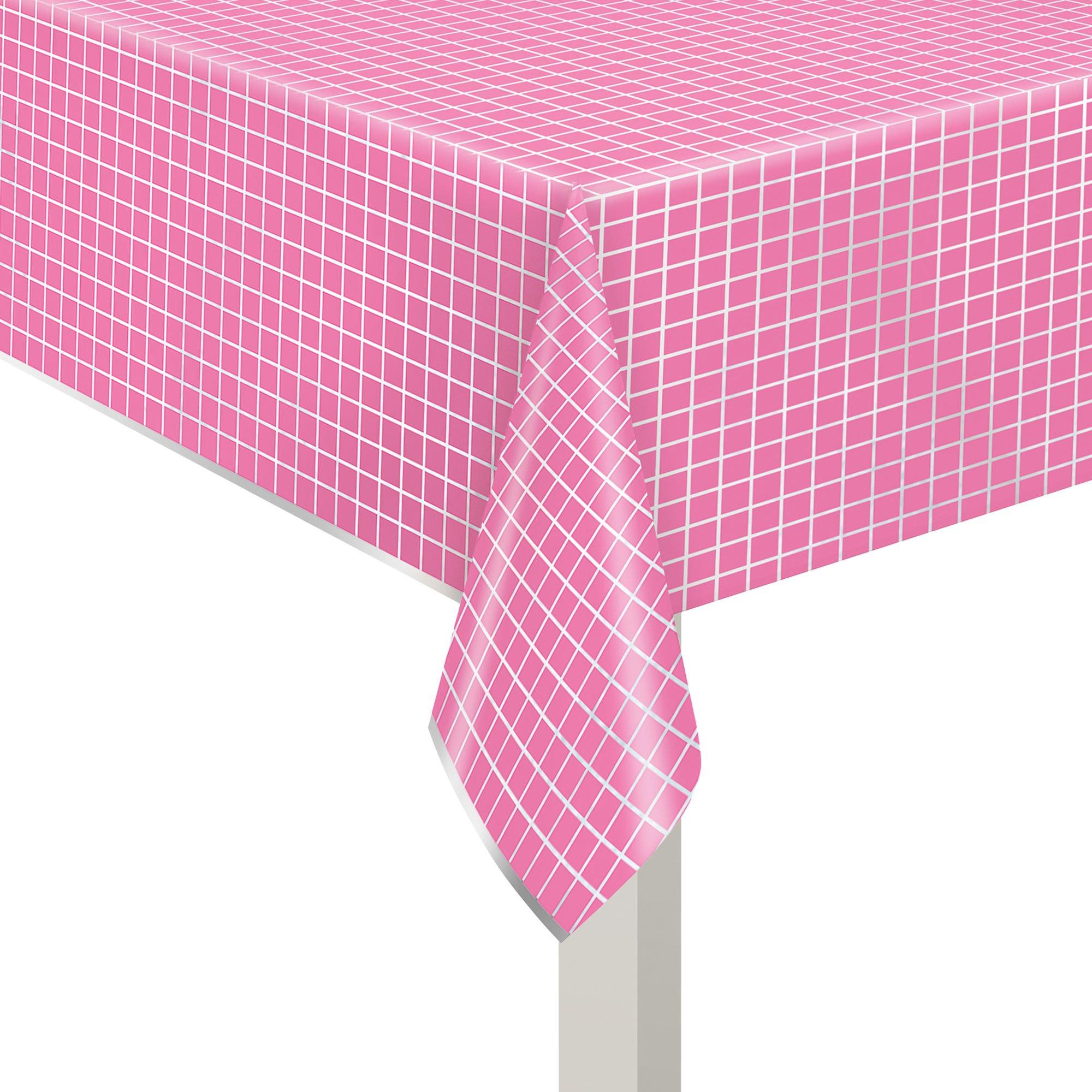 Metallic Bright Pink Grid Pattern Plastic Table Cover, 54in x 84in