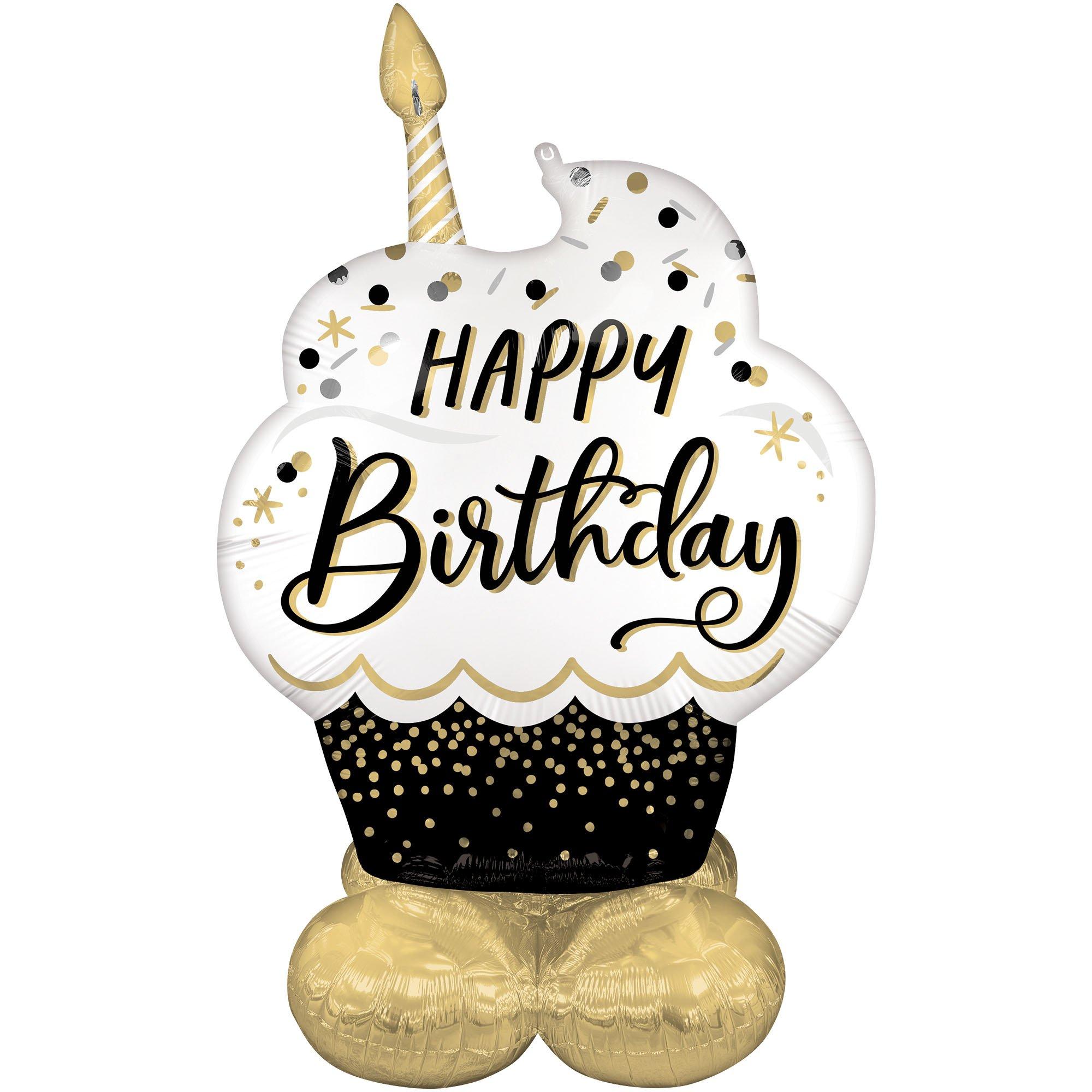 AirLoonz Black Silver & Gold Birthday Wish Cupcake Foil Balloon, 4.3ft