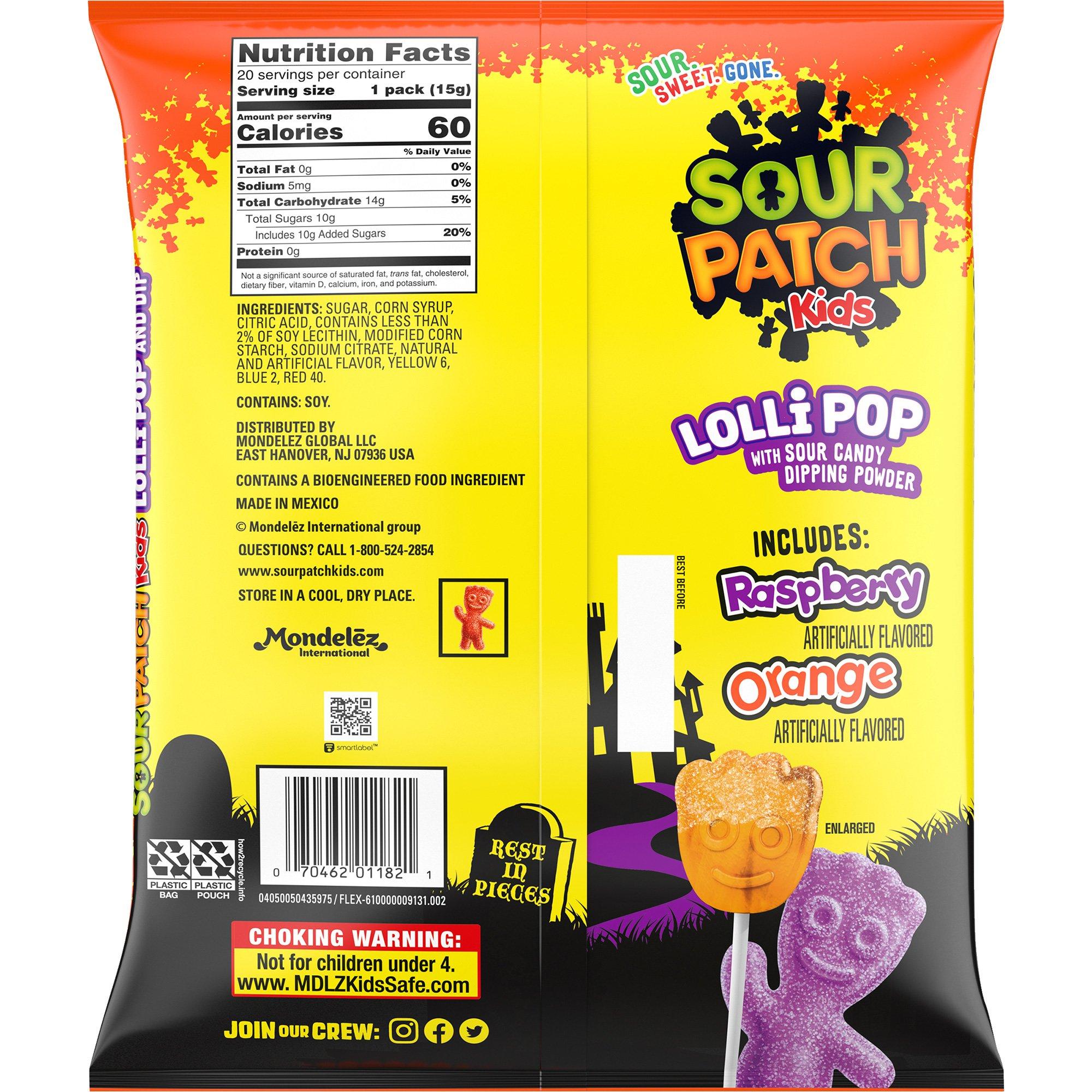 Sour Patch Kids Halloween Lollipops with Sour Candy Dipping Powder, 10.58oz, 20pc - Orange & Raspberry Flavors