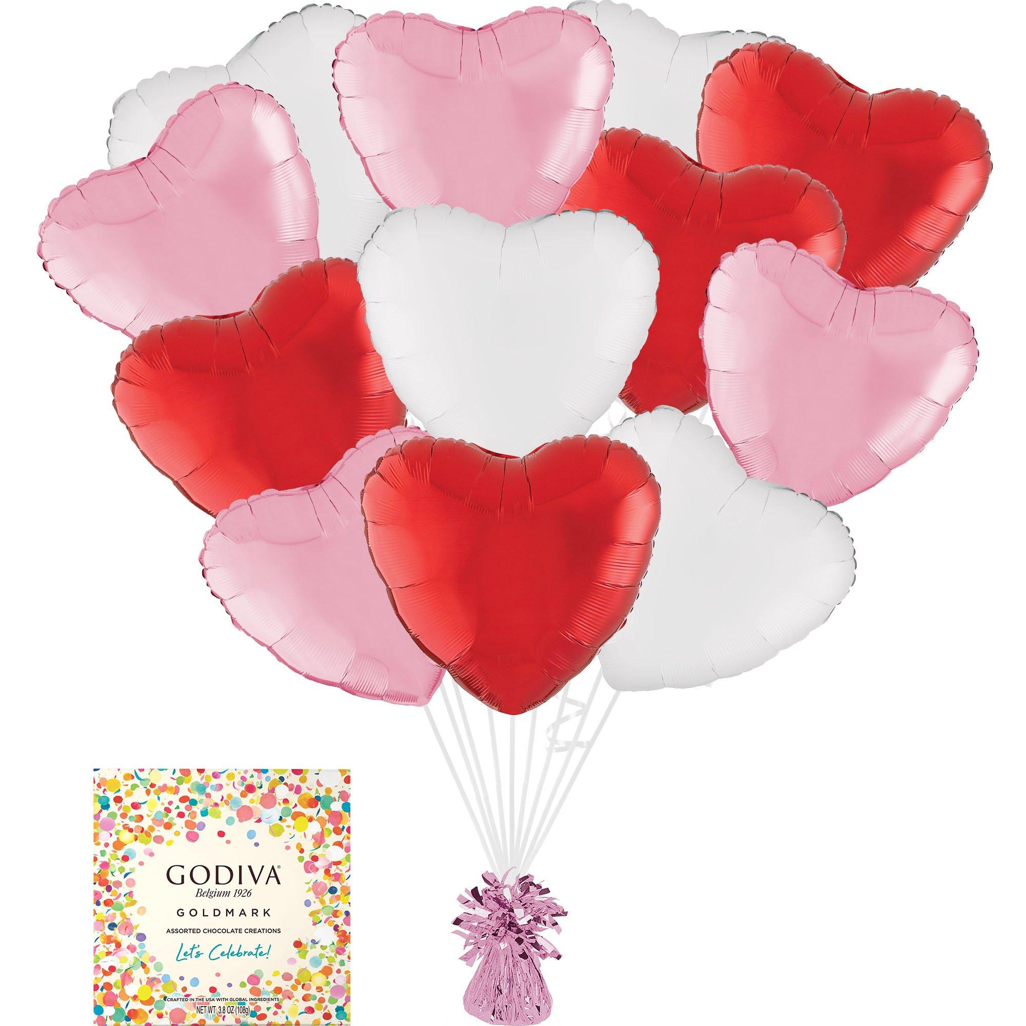Pink, Red & White Heart Foil Balloon Bouquet with Balloon Weight & Godiva Chocolates - Gift Set