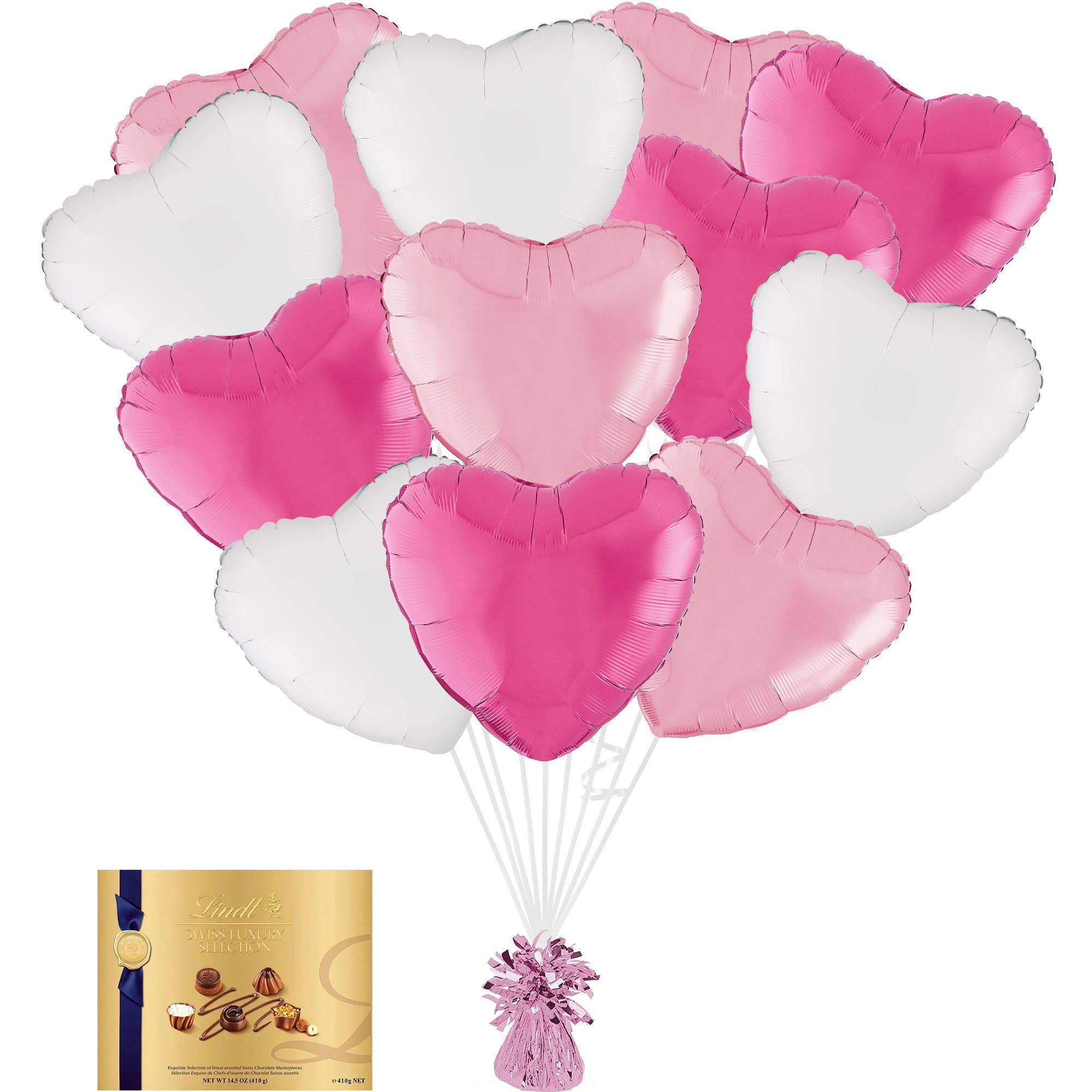 Pink & White Heart Foil Balloon Bouquet with Balloon Weight & Lindt Chocolates - Gift Set