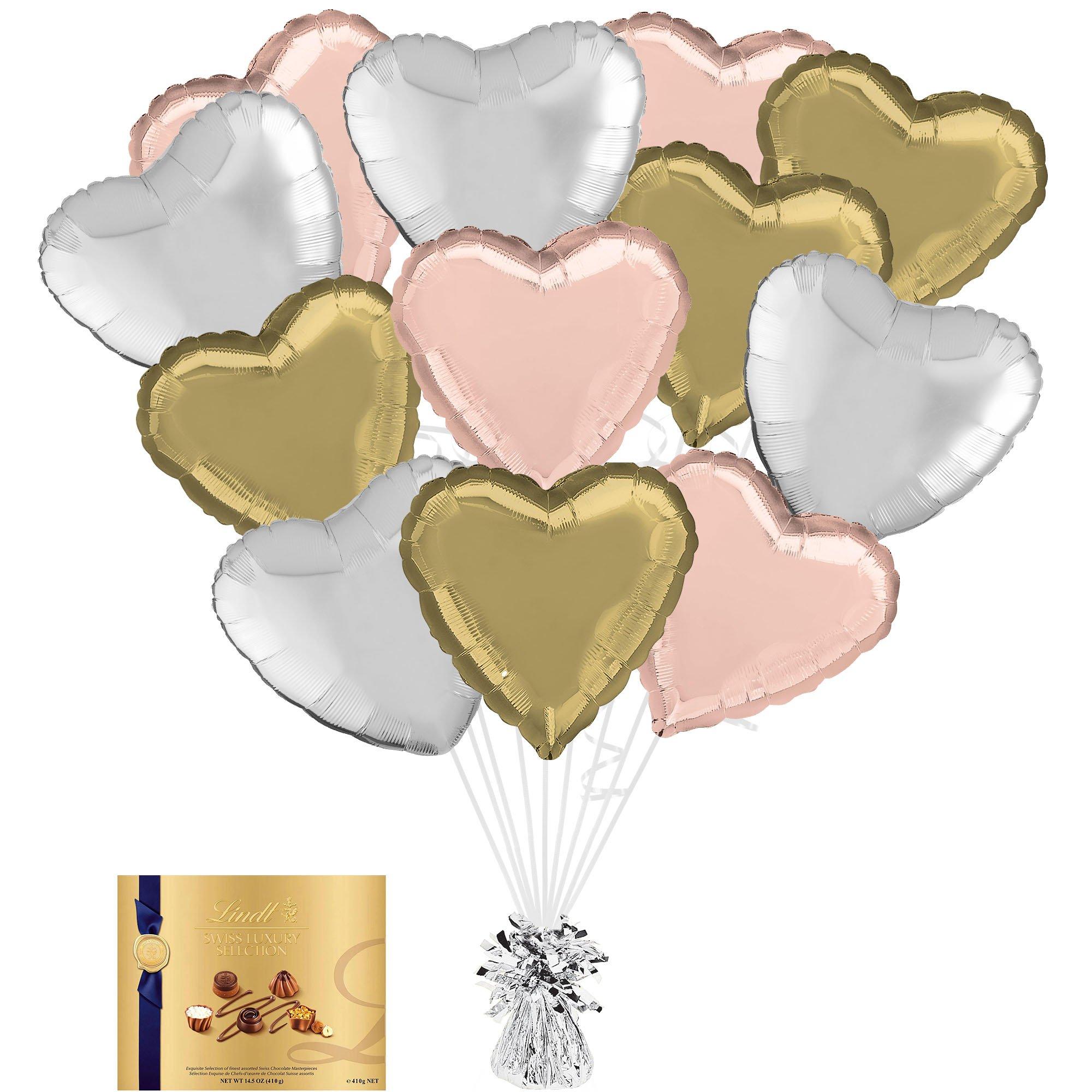 Silver, Gold & Rose Gold Heart Foil Balloon Bouquet with Balloon Weight & Lindt Chocolates - Gift Set