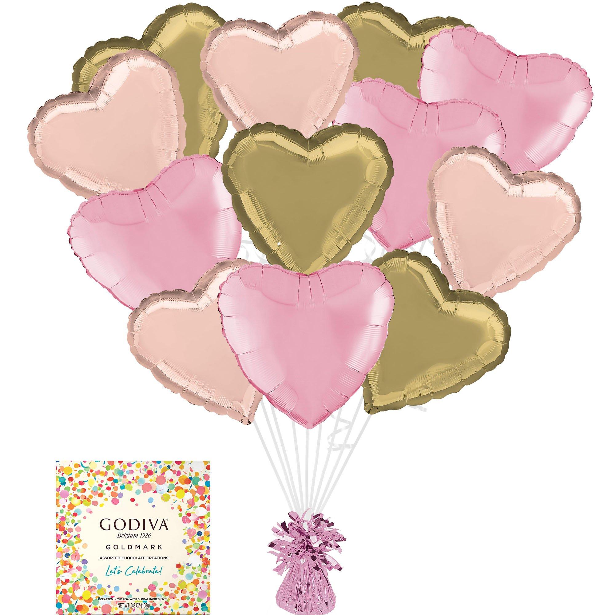 Pink, Gold & Rose Gold Heart Foil Balloon Bouquet with Balloon Weight & Godiva Chocolates - Gift Set