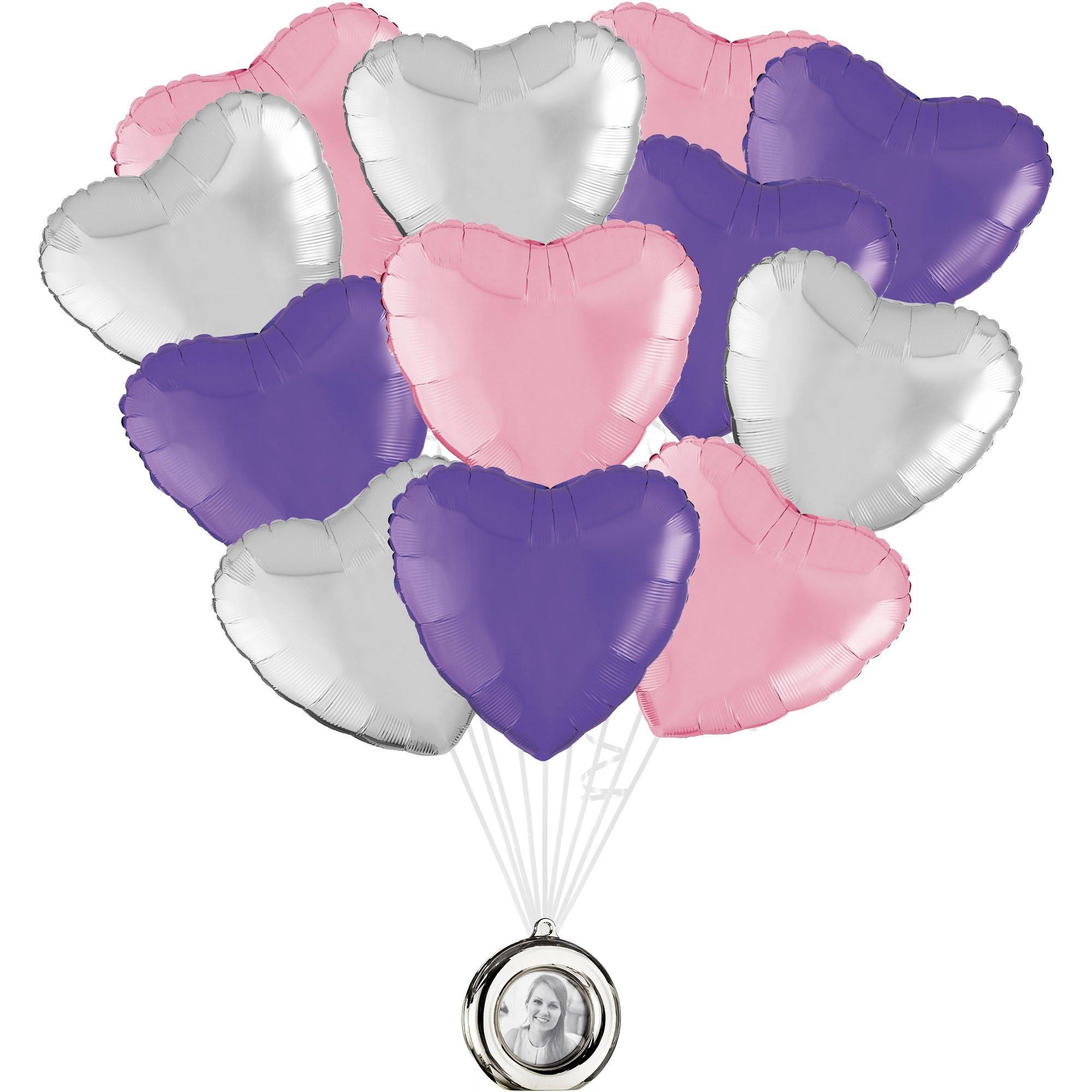 Pink, Purple & Silver Heart Foil Balloon Bouquet with Photo Frame Balloon Weight