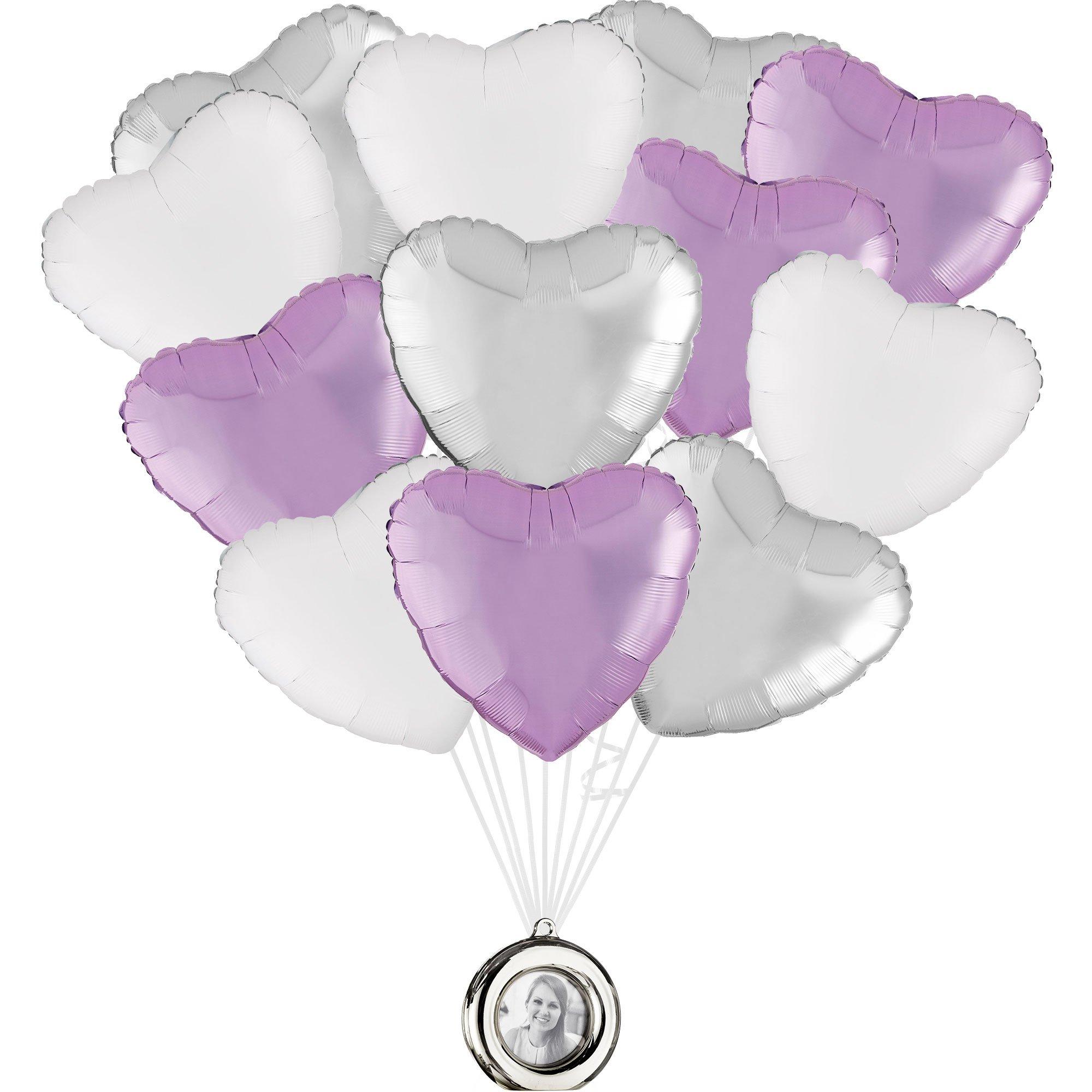 Lavender, Silver & White Heart Foil Balloon Bouquet with Photo Frame Balloon Weight